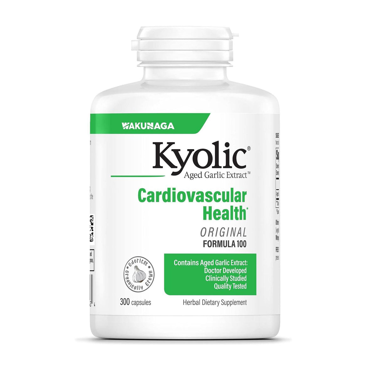 Kyolic Extrait d’ail vieilli Formule 100, bouteille et capsules, soutien potentiel à la santé cardio-vasculaire.