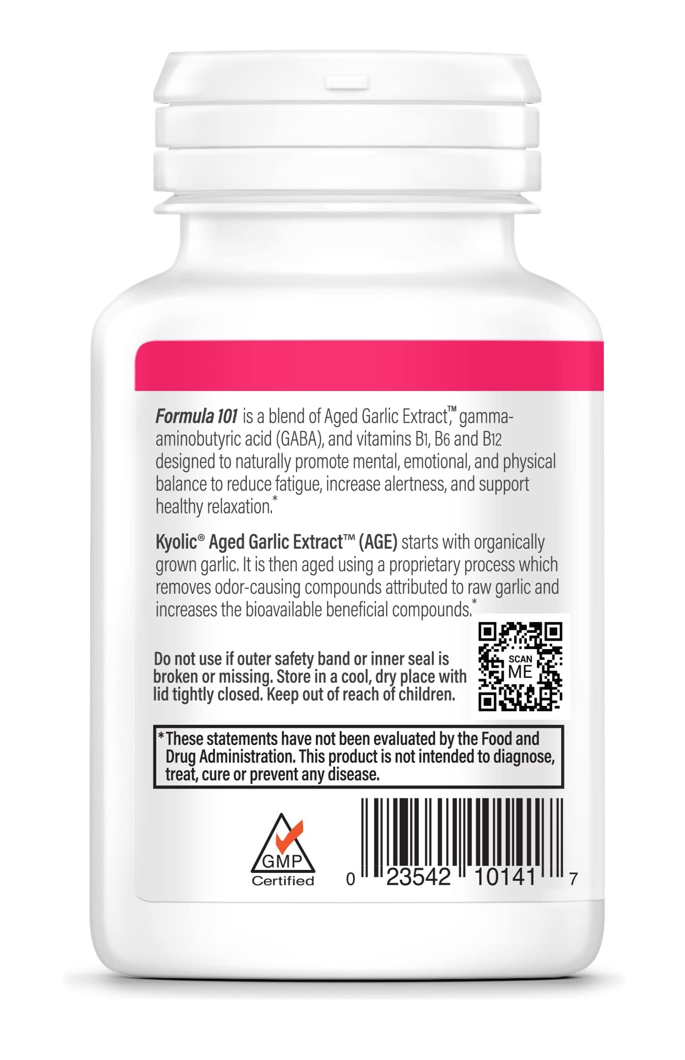 Étiquette claire et lumineuse sur la bouteille Kyolic, pratique pour la routine bien-être