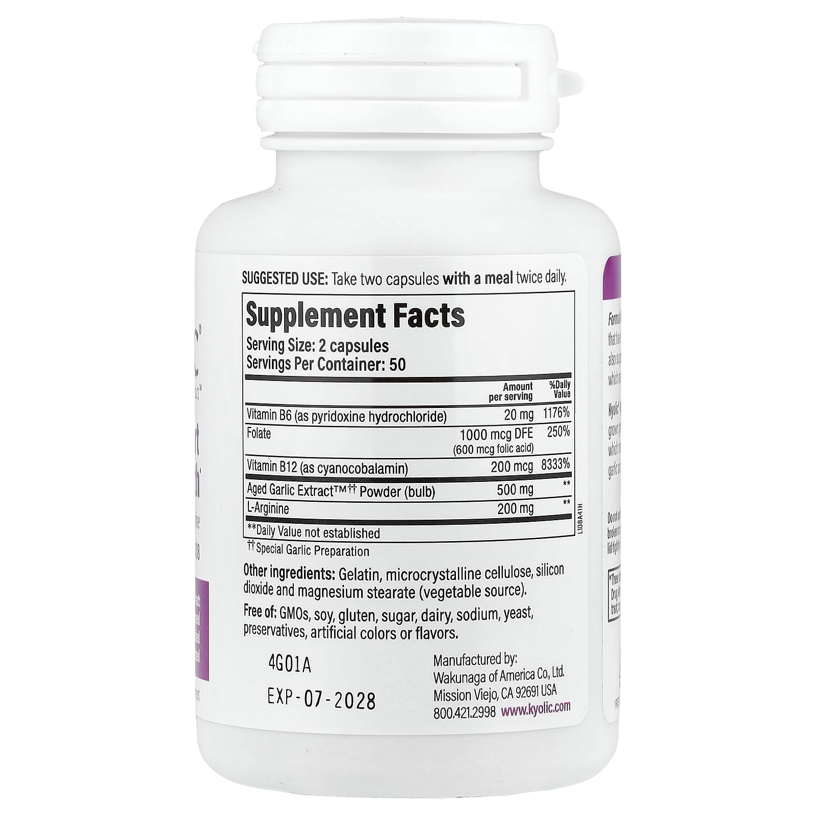 Kyolic composition B6-B12 et acide folique, nutriments clés.