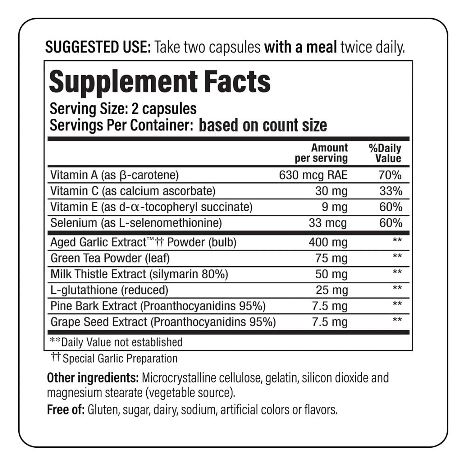 Kyolic Extrait d’Ail Âgé Formule 105 — ingrédients antioxydants visibles dans l’étiquette.