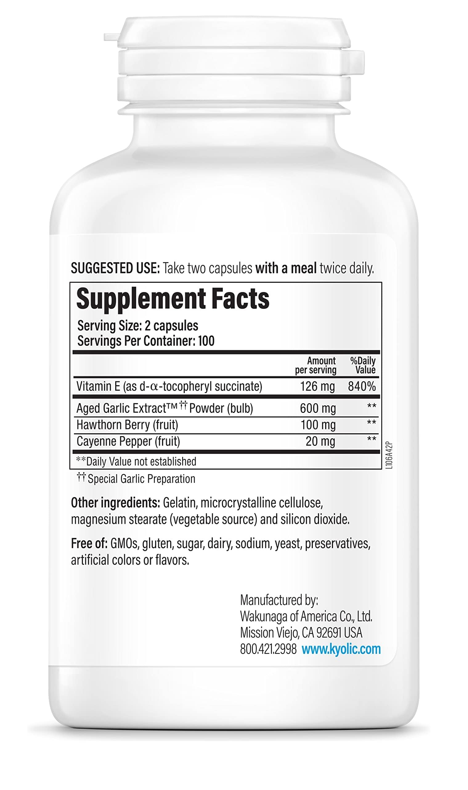 Étiquette Kyolic Extrait d’Ail Vieilli Formule 106 sur emballage, informations claires sur la circulation potentielle.