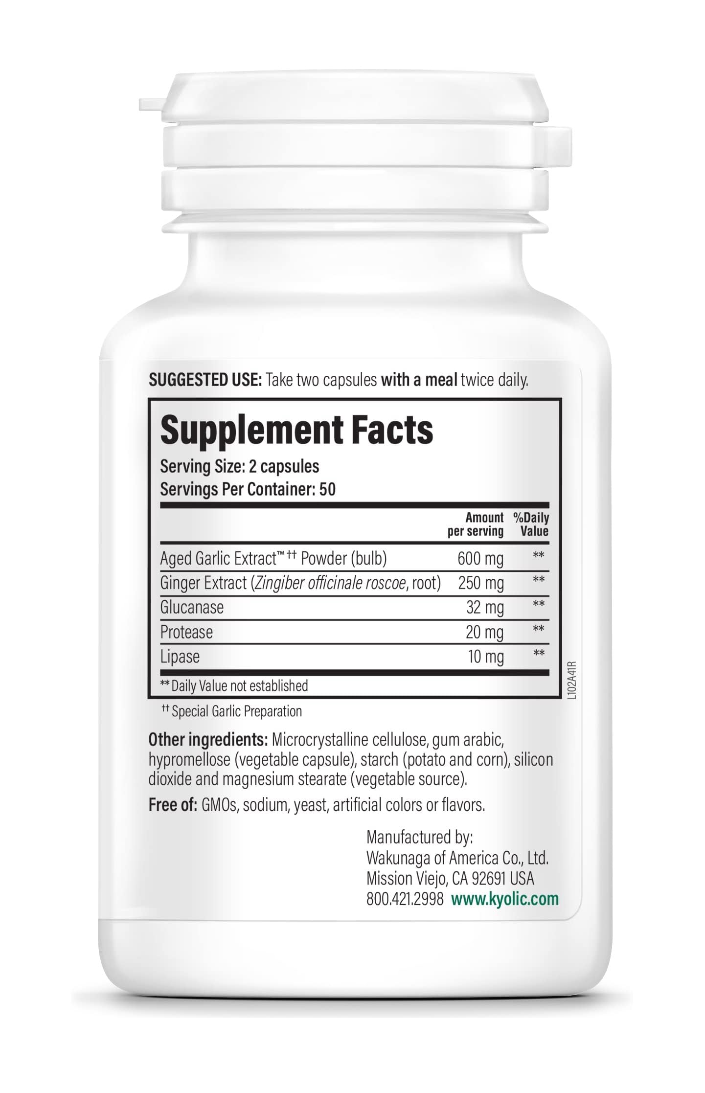 Gélules Kyolic Formule 102 favorisant la digestion et l'équilibre intestinal.