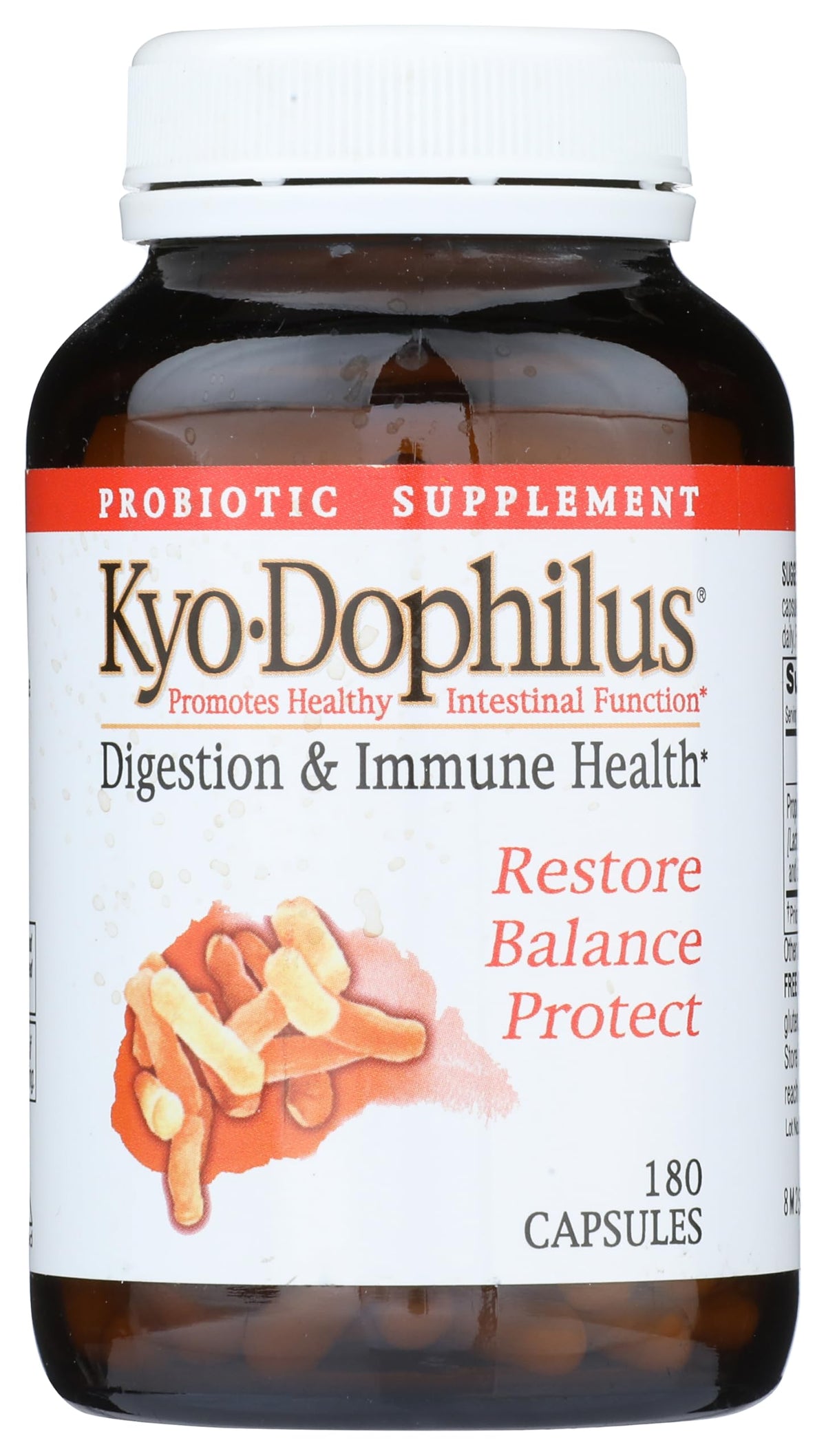 Kyolic Kyo-Dophilus bouteille et étiquette, soutien potentiel de l'équilibre intestinal.