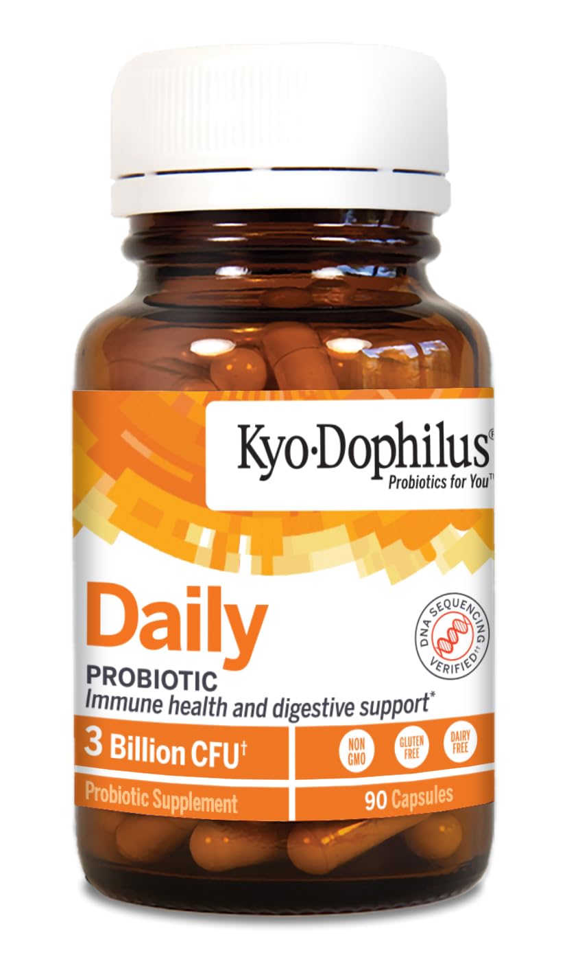 Emballage Kyolic Kyo-Dophilus avec étiquettes claires pour une prise quotidienne.