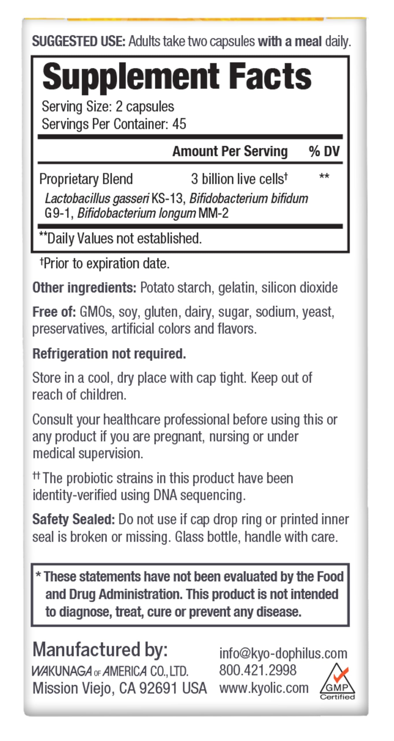 Informations nutritionnelles Kyolic Kyo-Dophilus illustrant le format pratique sans réfrigération.