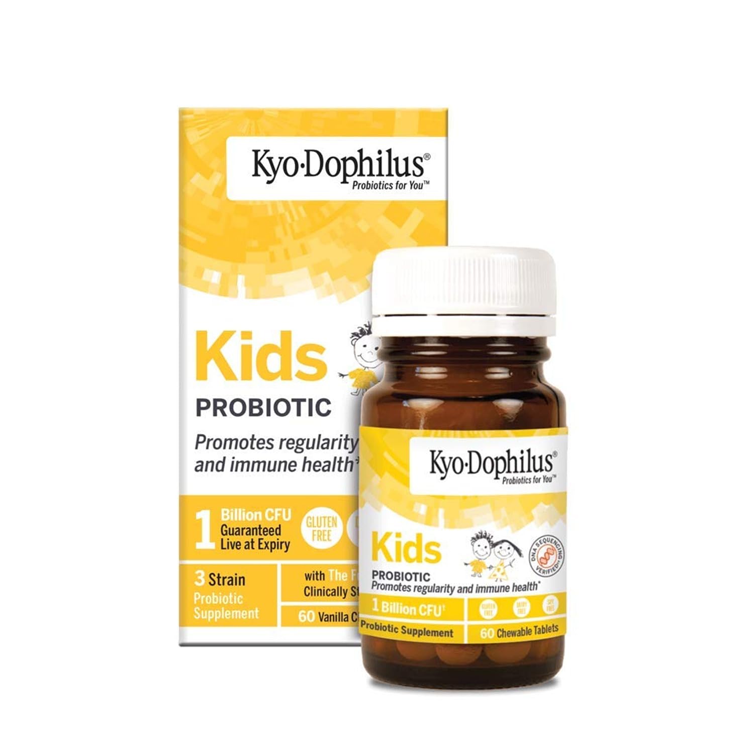 Kyolic Kyo-Dophilus Kids Probiotique vanille, comprimés masticables pour l'équilibre intestinal.