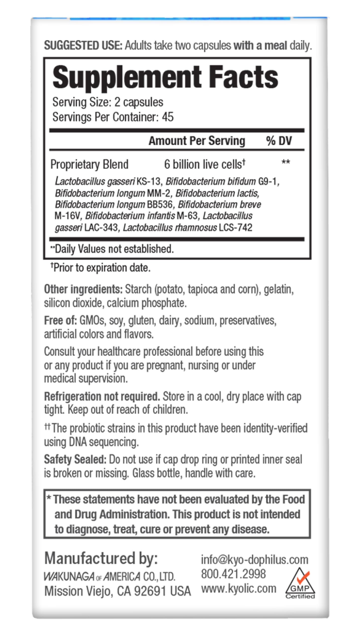 Kyolic Kyo-Dophilus Multi 9 – Boîte du produit et conditionnement sans réfrigération.