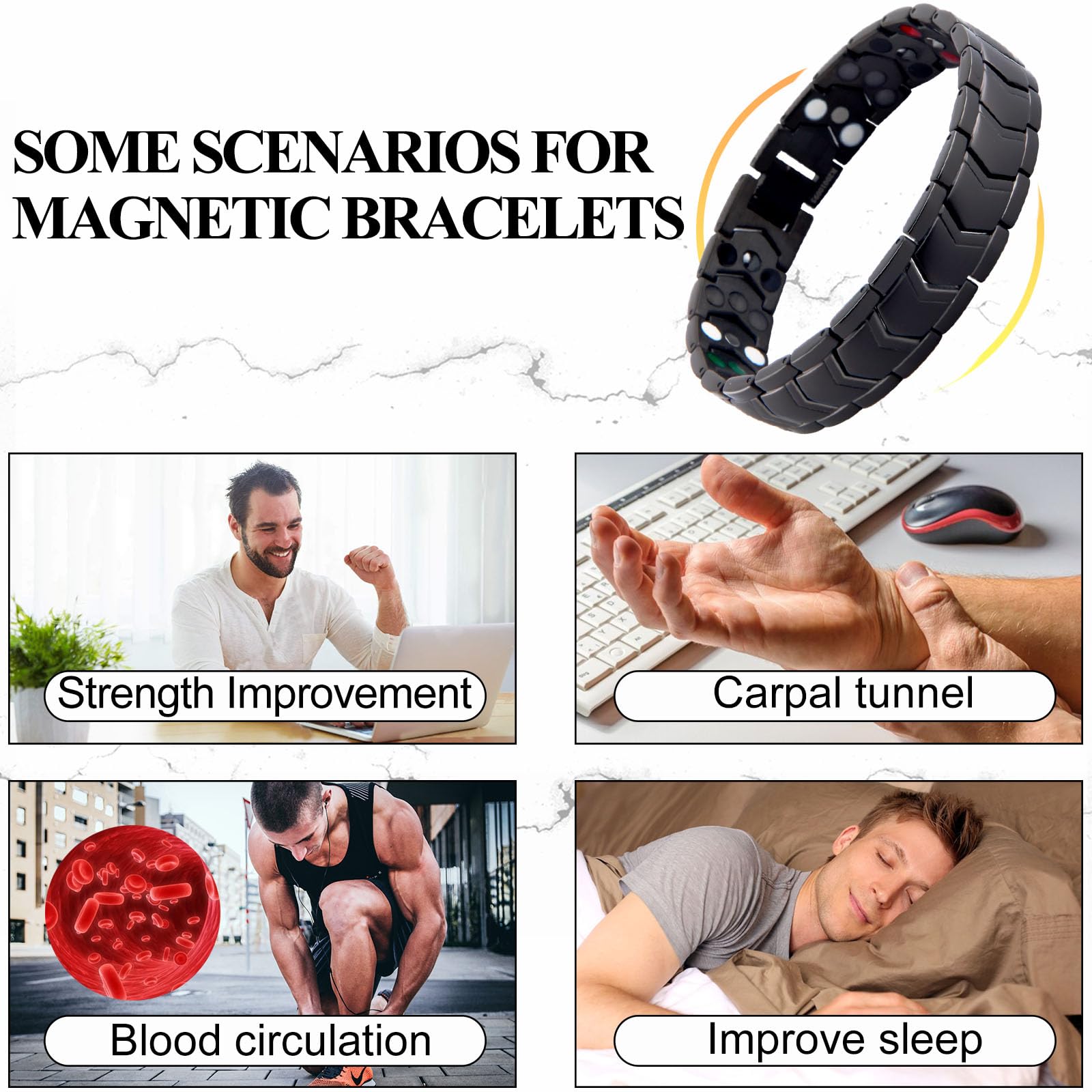 Kyosi bracelet magnétique triple-lignes noir, texture raffinée et allure masculine.