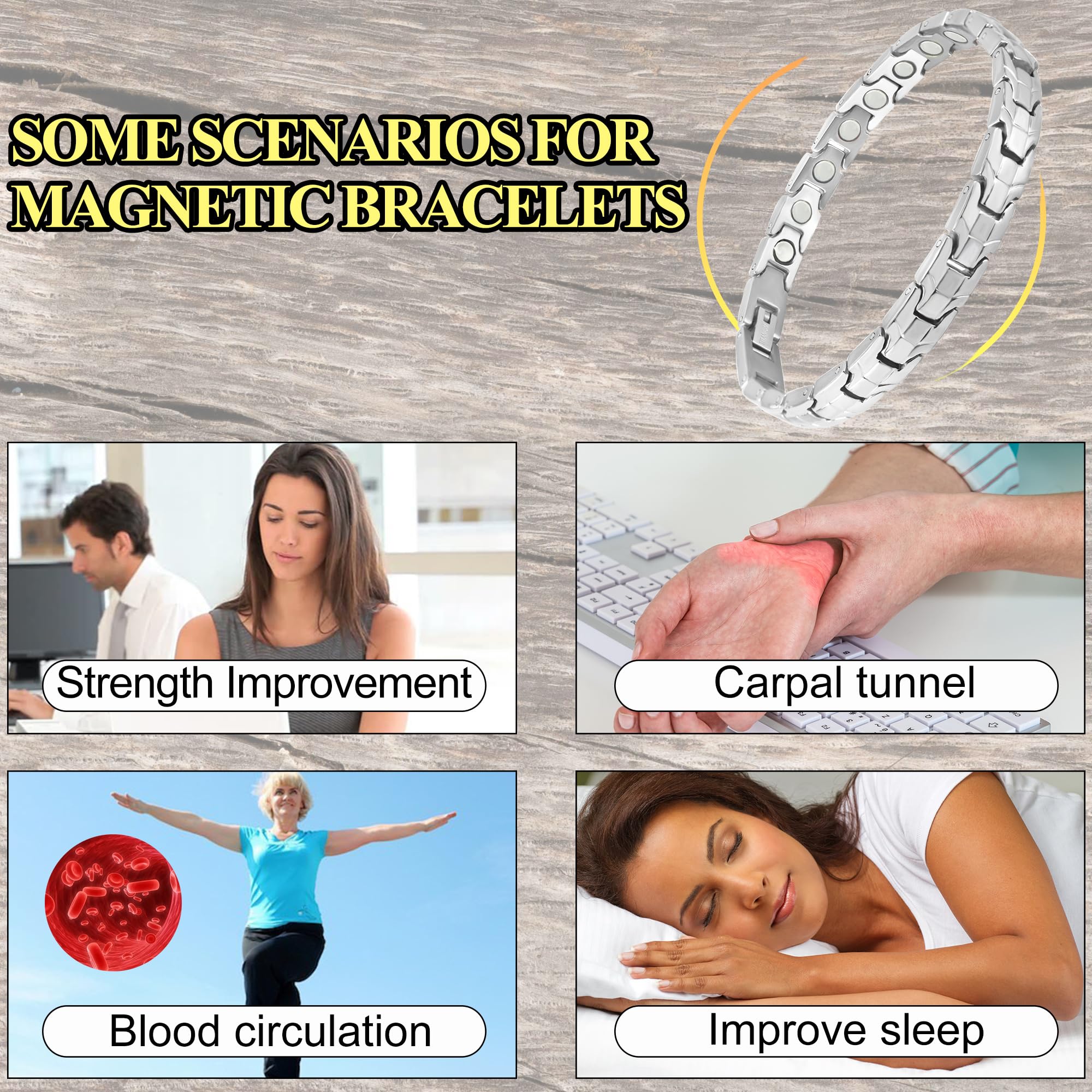KYOSI bracelet magnétique en titane, puissance 3500 gauss pour un soutien discret.