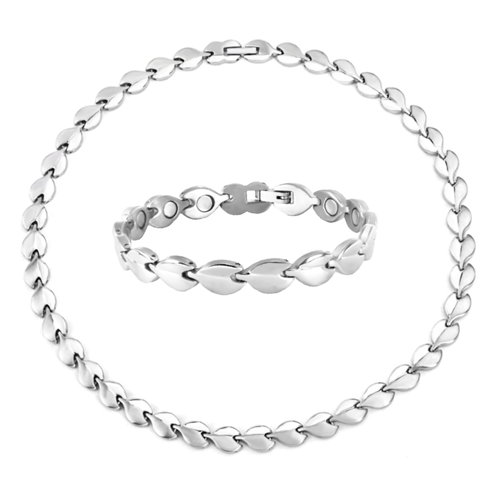 KYOSI ensemble collier-bracelet magnétique feuille argent – élégance discrète et bien-être quotidien.