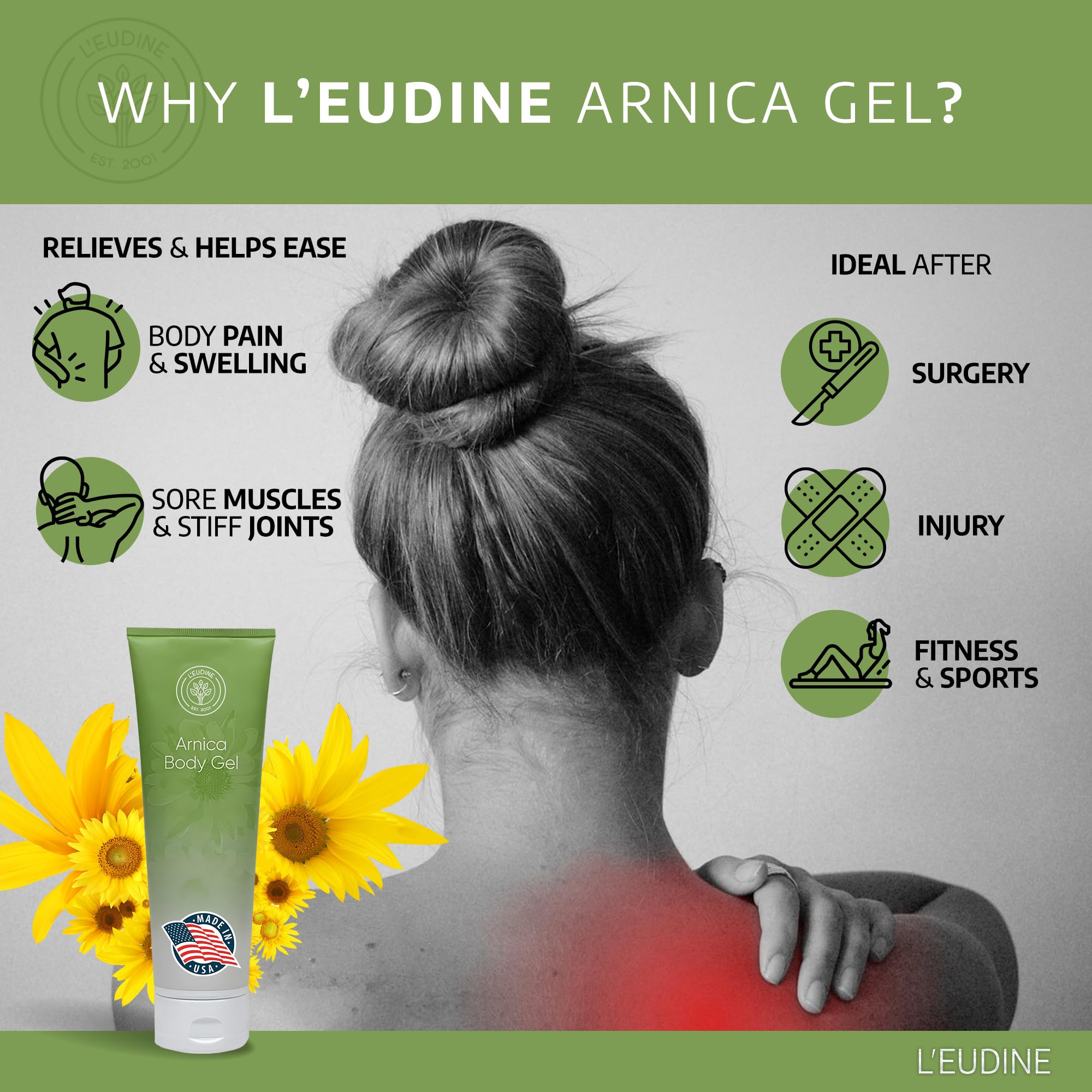 Soin quotidien avec L’EUDINE Gel Arnica pour le bien-être musculaire.