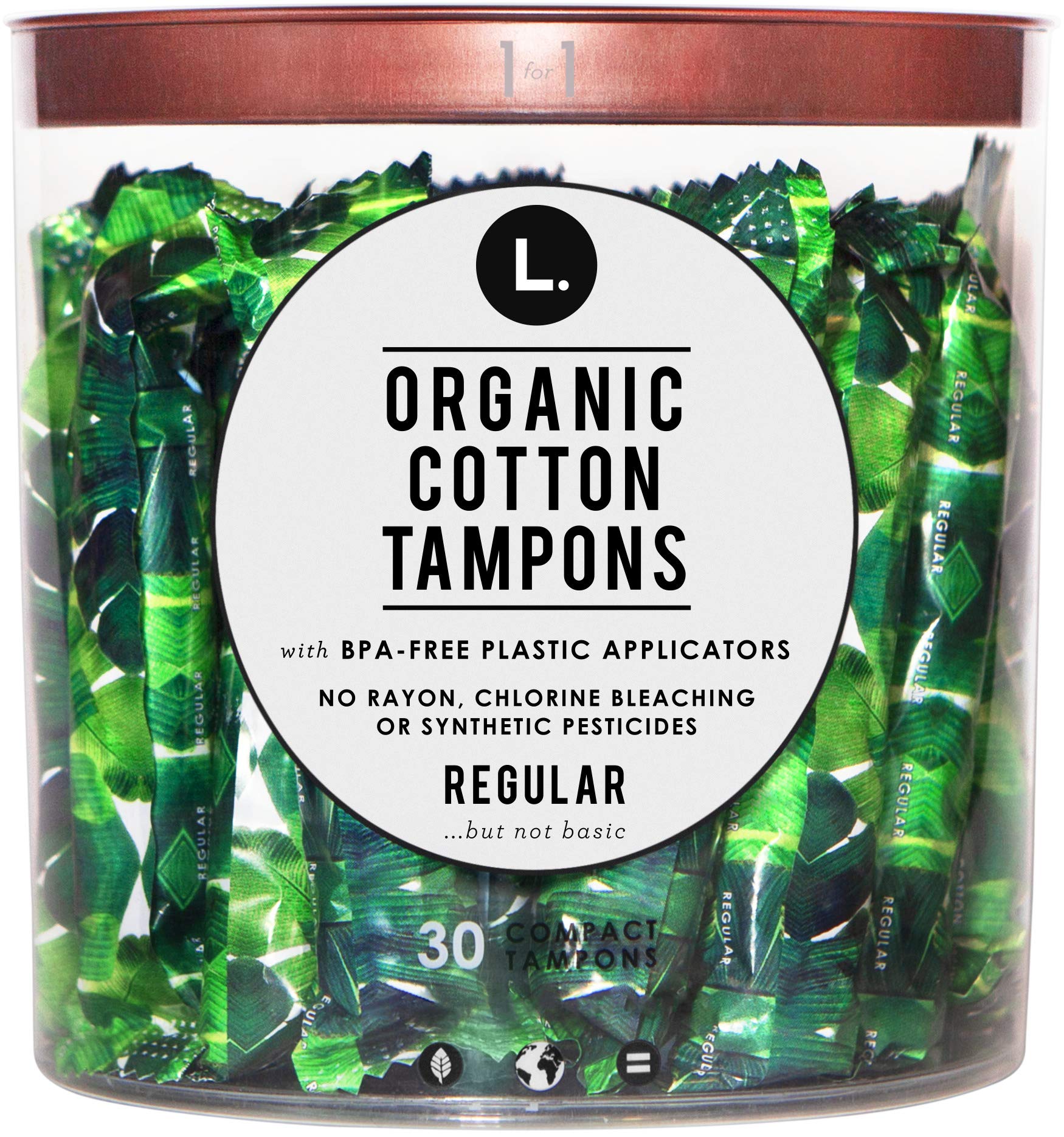 Tampons L. en coton biologique avec applicateur compact, confort discret.