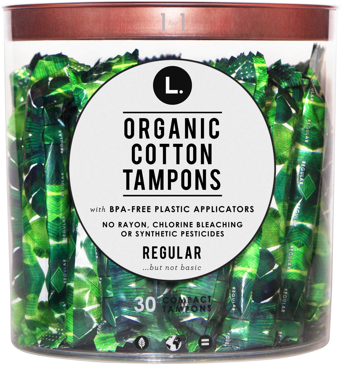 Tampons L. en coton biologique avec applicateur compact, confort discret.