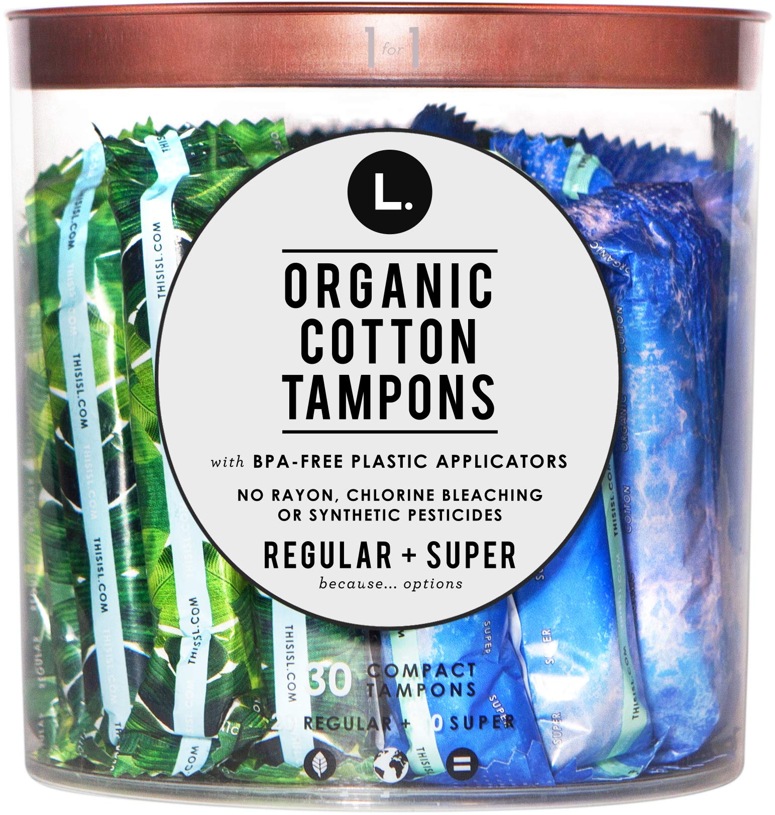 Tampons L. coton biologique avec applicateur compact, confort et discrétion.