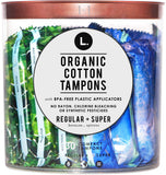 Tampons L. coton biologique avec applicateur compact, confort et discrétion.