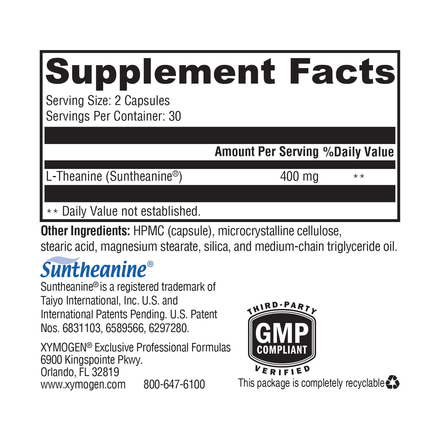 Ingrédients sans allergènes majeurs selon XYMOGEN L-Theanine.