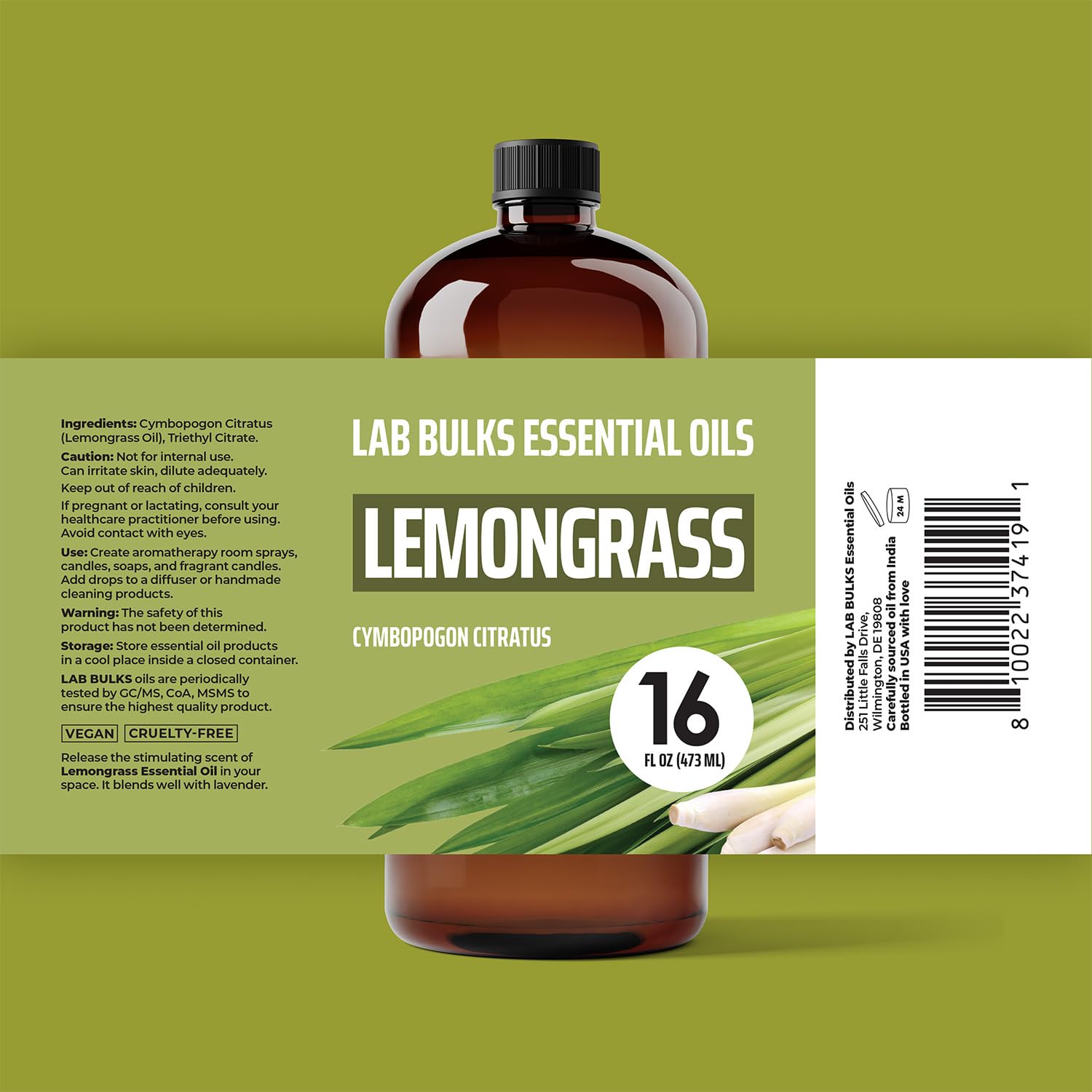 Huile citronnelle Lab Bulks, emballage ambré, qualité préservée