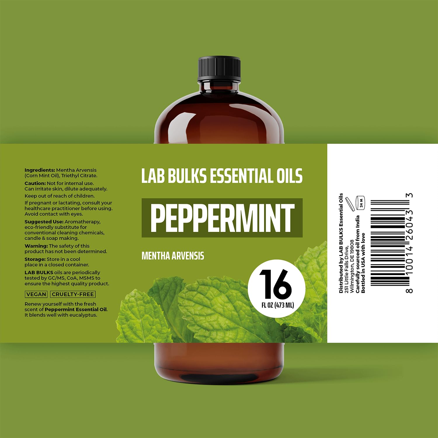 LAB BULKS ESSENTIAL OIL menthe poivrée — seconde bouteille 16onces pour vos usages maison.