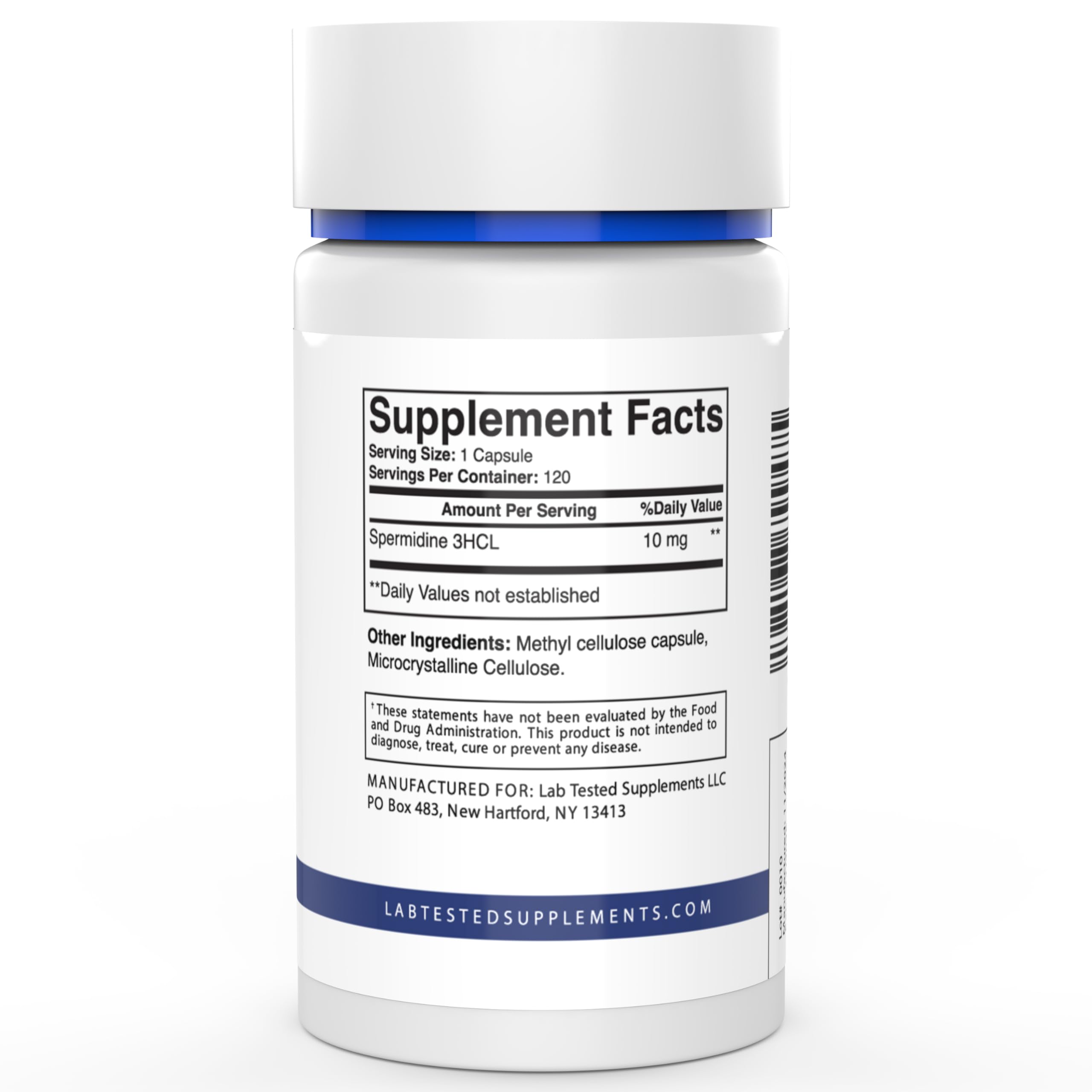 Bouteille Spermidine 3HCL Lab Tested Supplements, 120 capsules, facile à emporter.