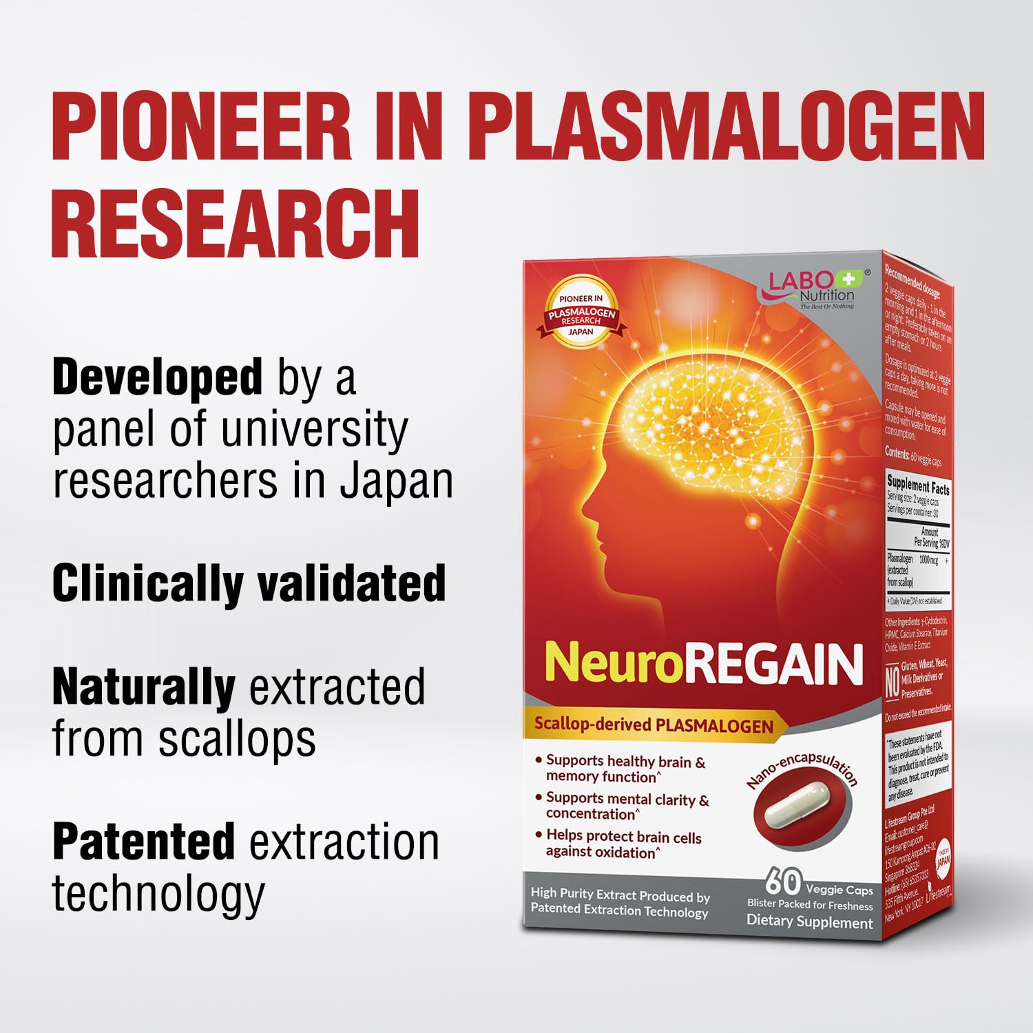 LABO Nutrition NeuroREGAIN, étiquette lisible sur l'emballage, informations sur le dosage.