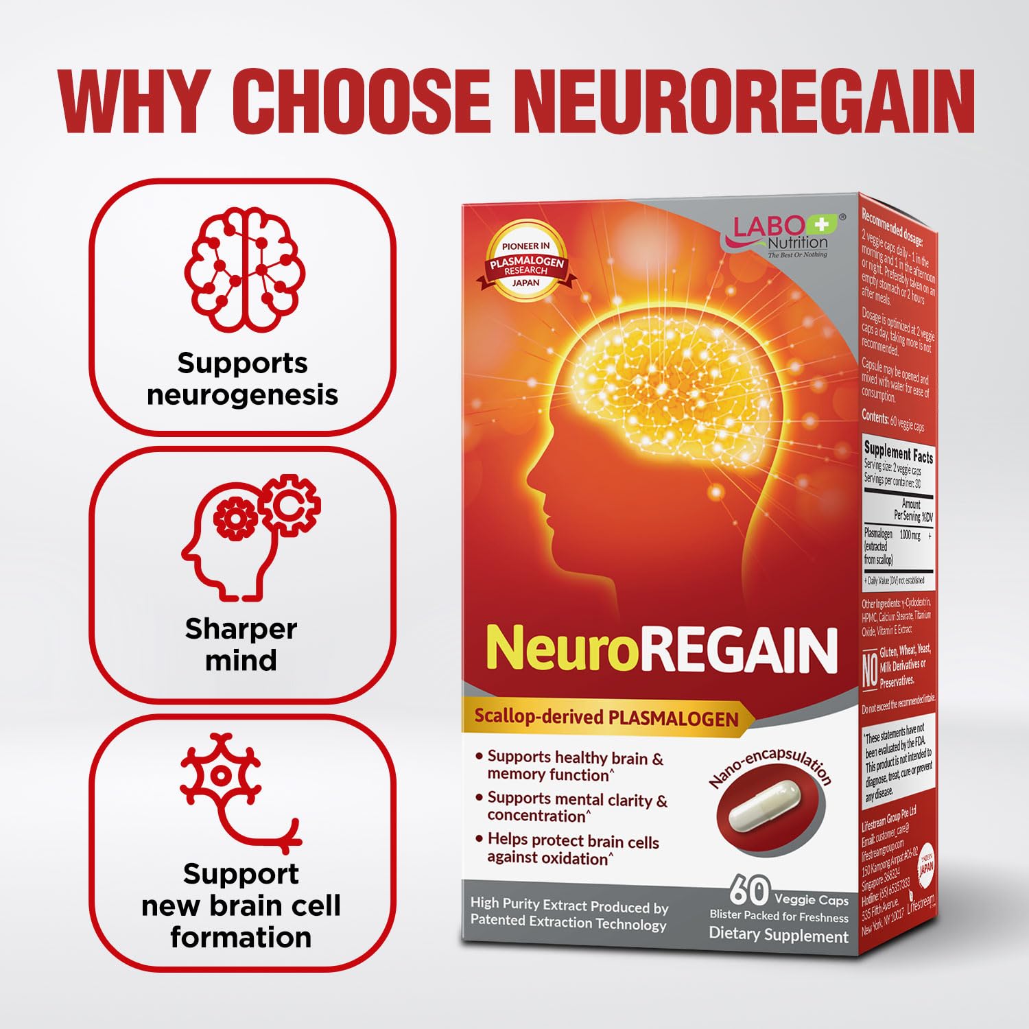 LABO Nutrition NeuroREGAIN – planche de dosage visible sur l'emballage.