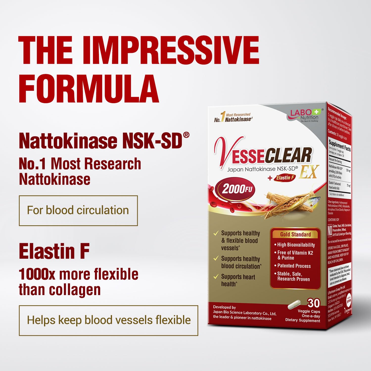 LABO Nutrition VesseCLEAR EX – nattokinase NSK-SD et Elastin F