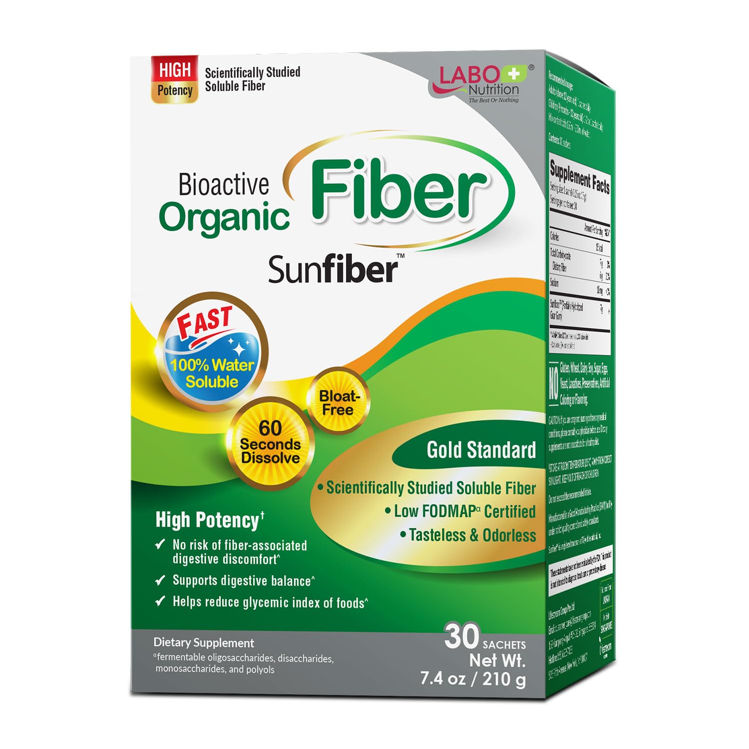 LABO Nutrition Sunfiber Bioactive Fiber – sachet ouvert, dissolution rapide dans l'eau sans goût.