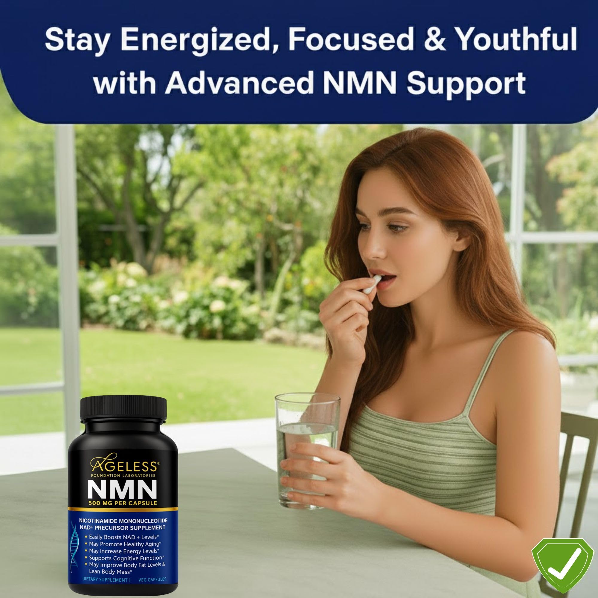 Étiquette NMN Ageless Foundation sur bouteille: lisibilité claire