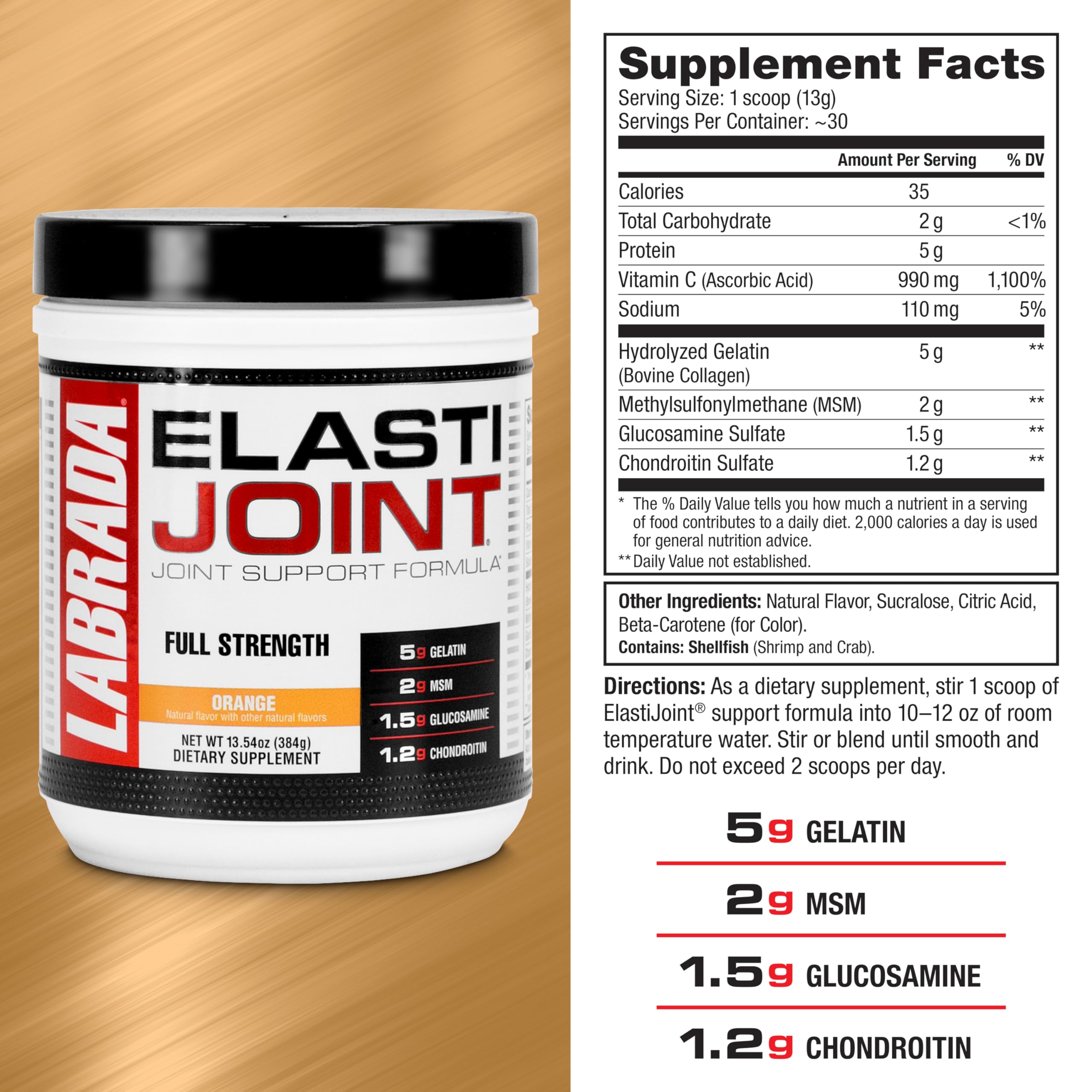 Labrada Elastijoint, étiquette mettant en avant les composants clés et les ingrédients.