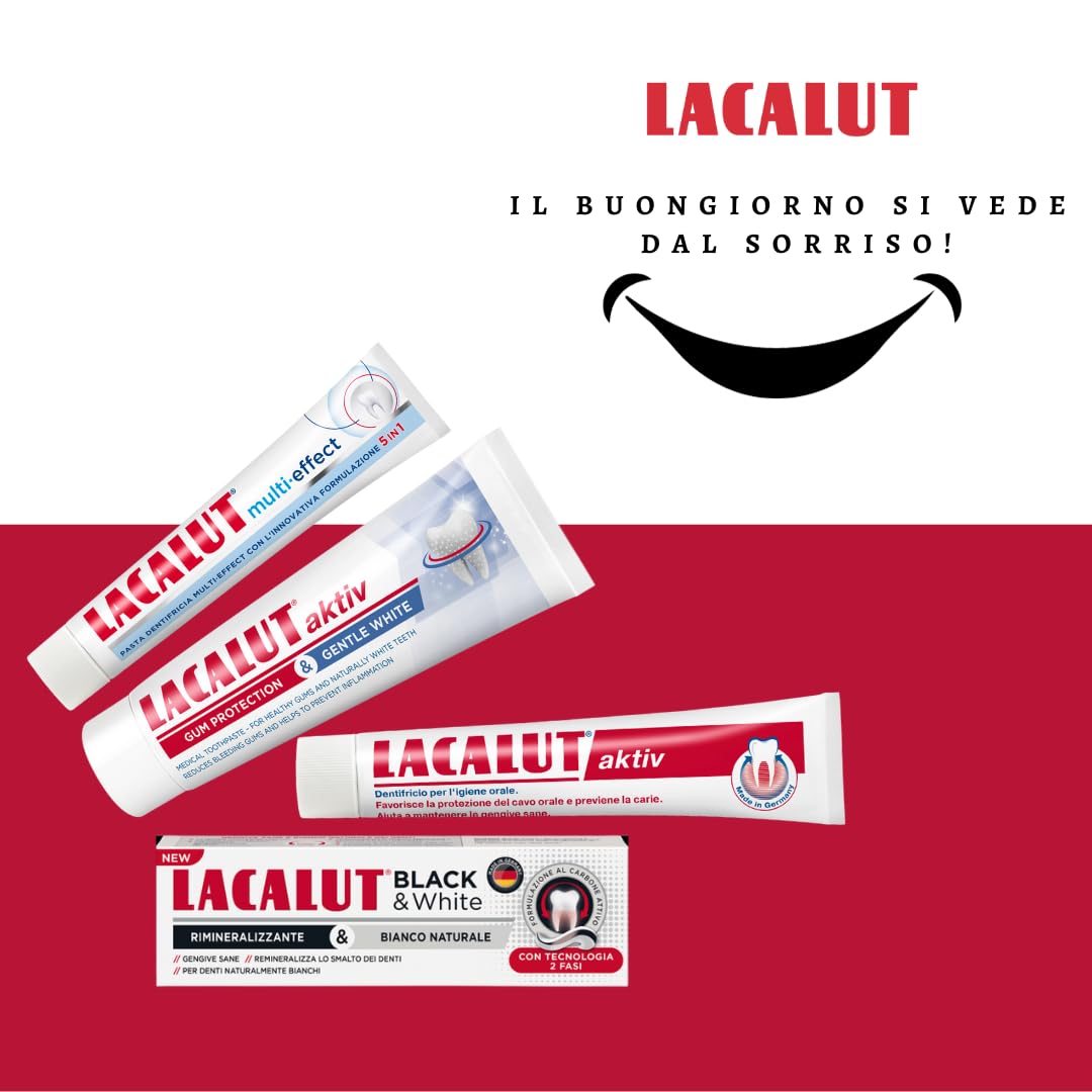 Tube Lacalut Multi Eff posé sur plan de salle de bains