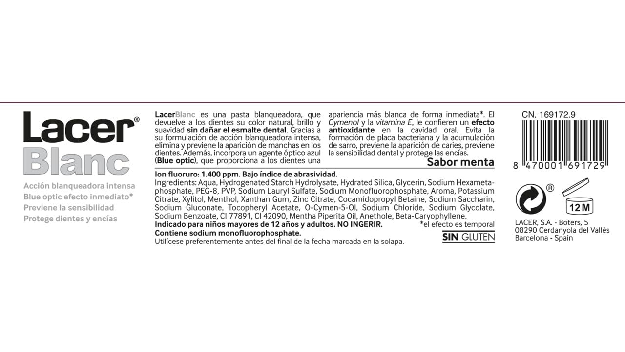 Lacer Blanc Plus Pâte Dentaire Menthe, emballage extérieur clair et pratique.