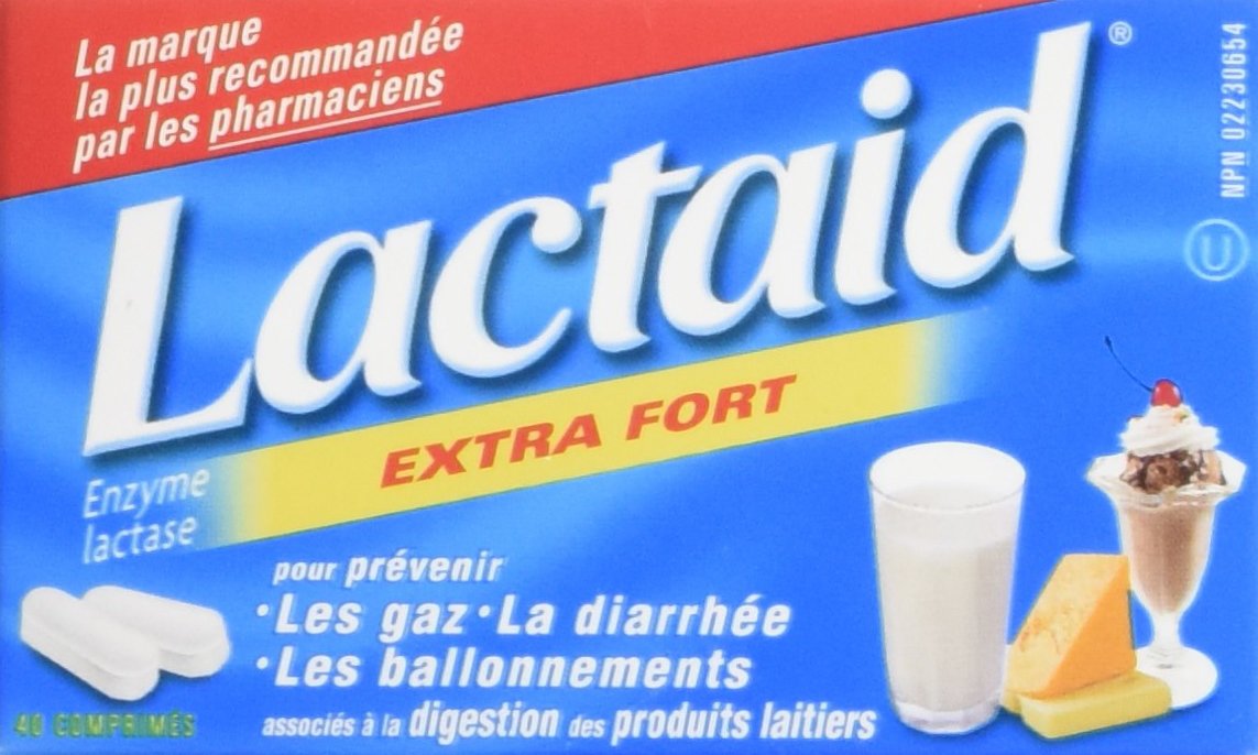Lactaid boîtes 40 caplets visibles, format compact pour le sac.