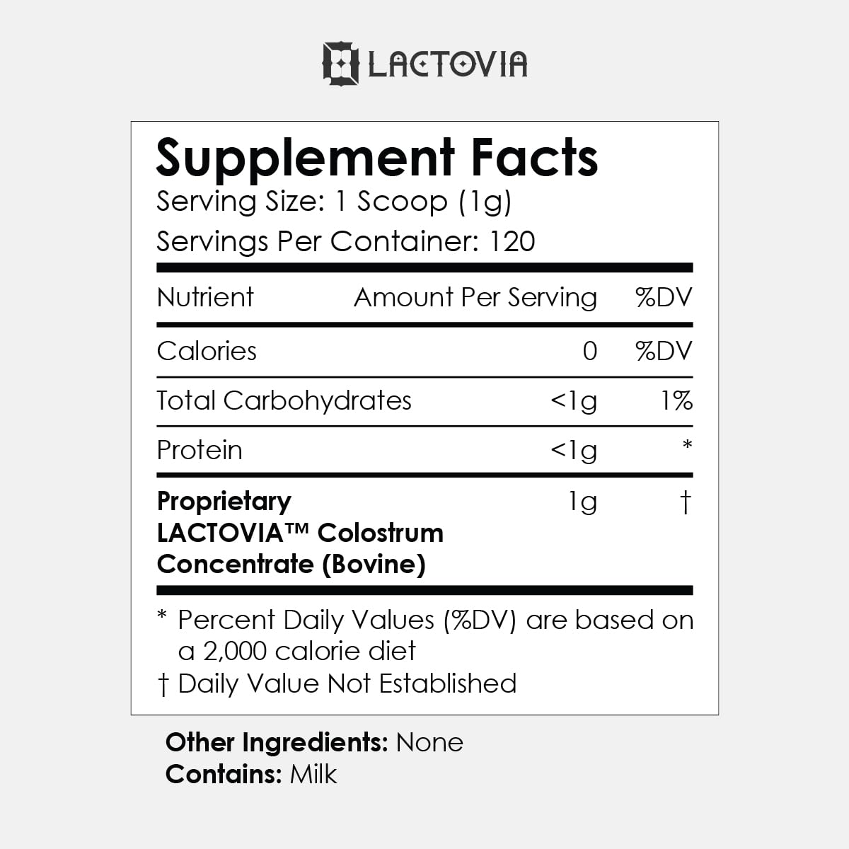 LACTOVIA colostrum bovin poudre — etiquette sans additifs pour simplicité.