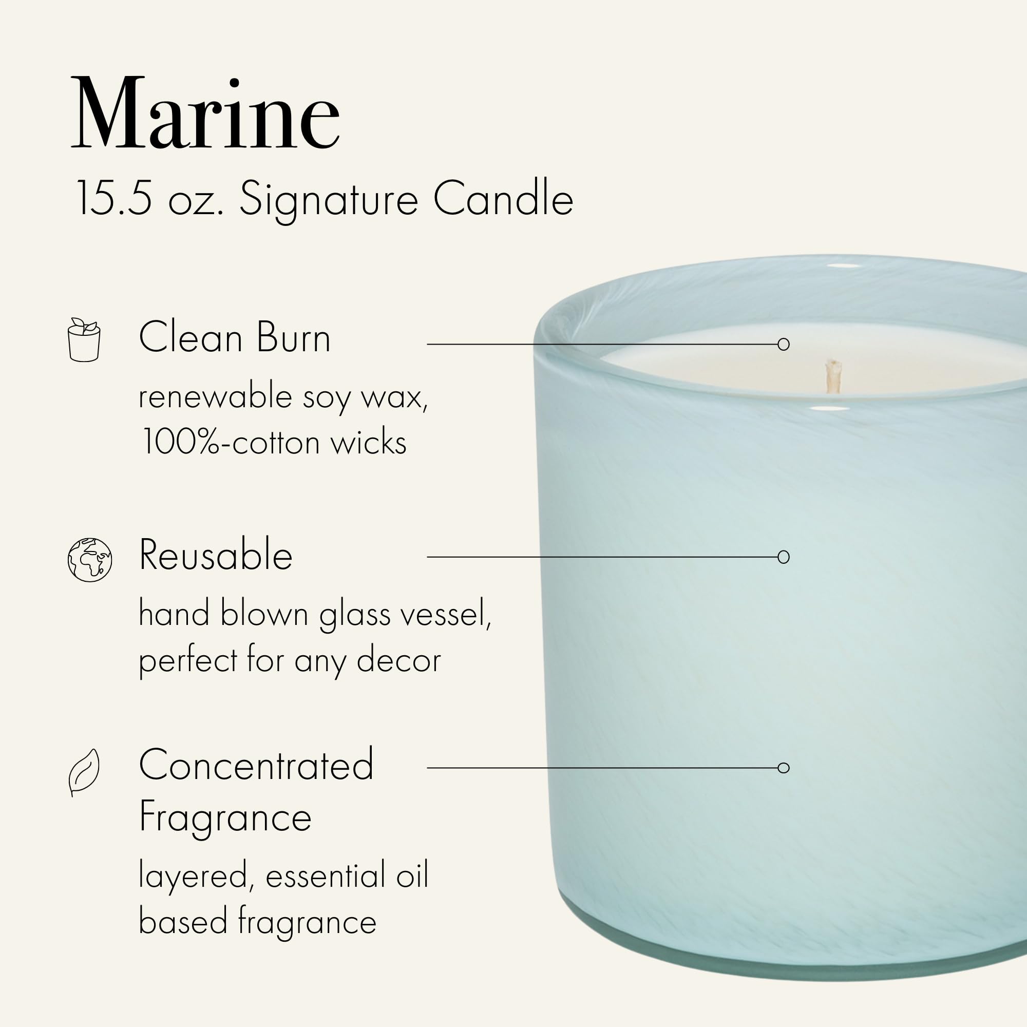 Bougie Signature Marine LAFCO New York, flacon verre soufflé, décor élégant et réutilisable.