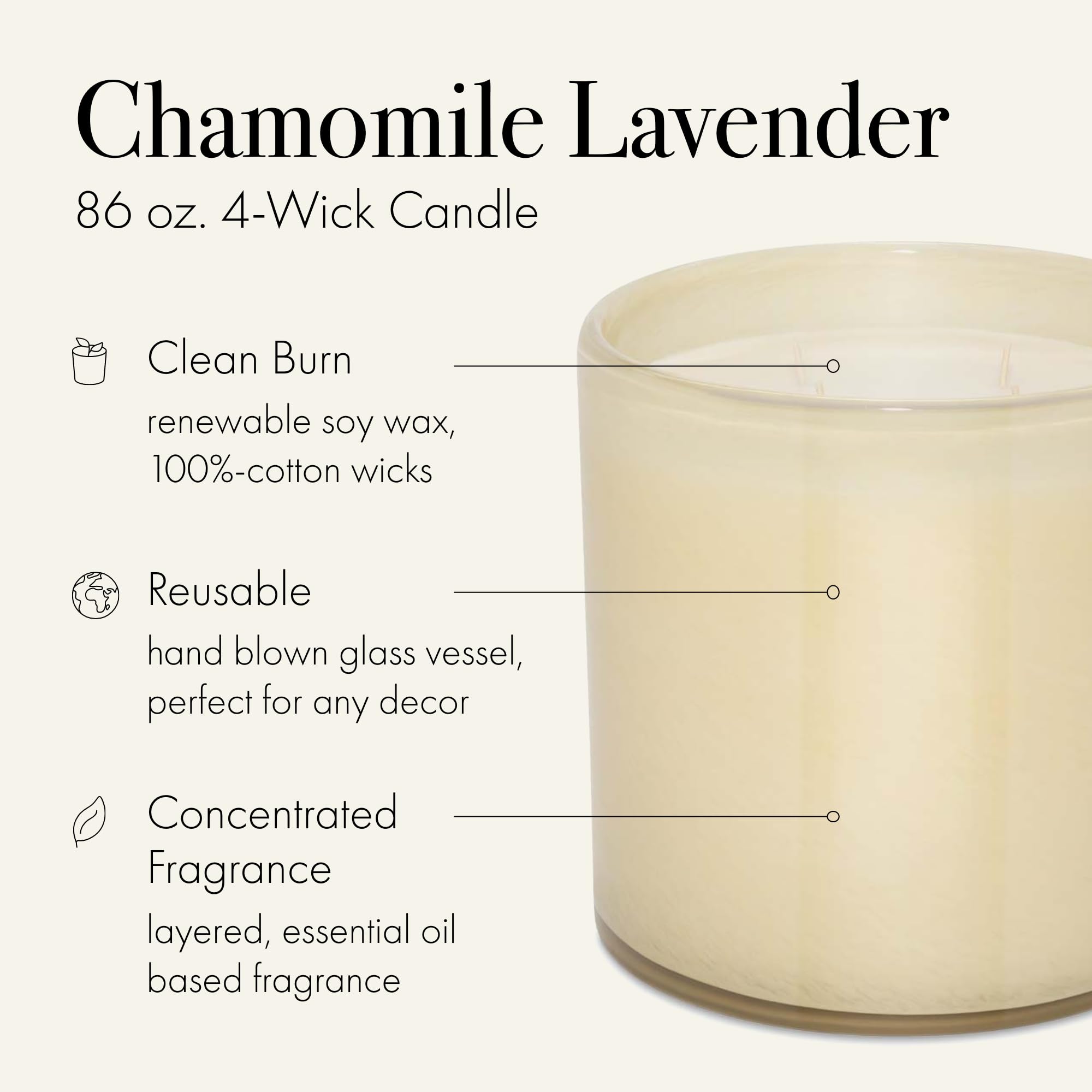 Bougie chamomile-lavande dans verre clair, LAFCO New York Luxe 4-meches, détente légère.