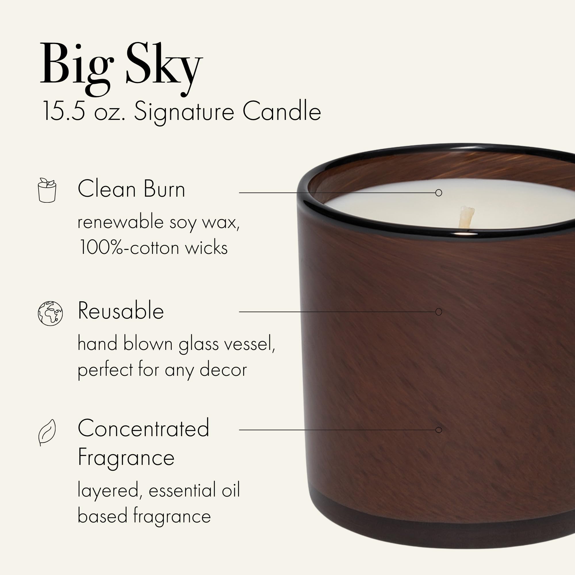 Brûlage lent et propre grâce à la cire de soja renouvelable, parfum durable Big Sky.