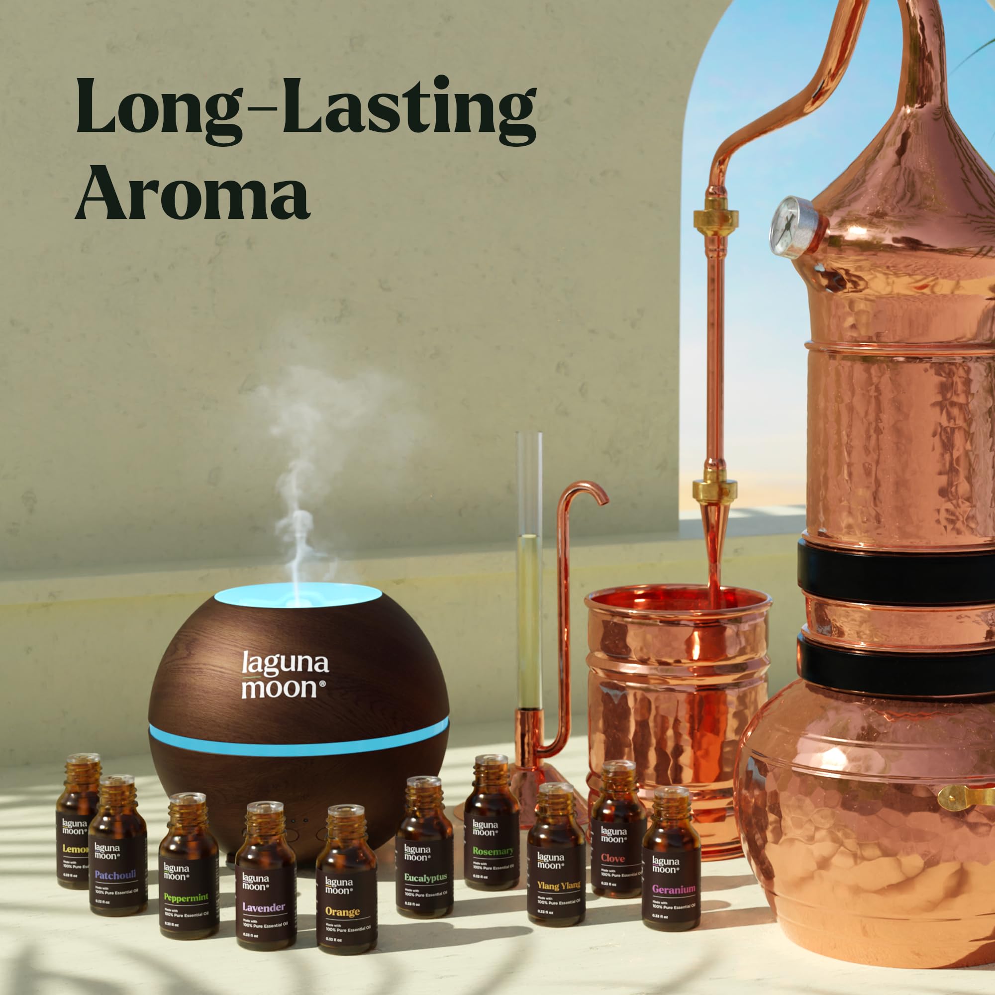 Flacons Lagunamoon huiles essentielles pour diffuseur et aromathérapie.
