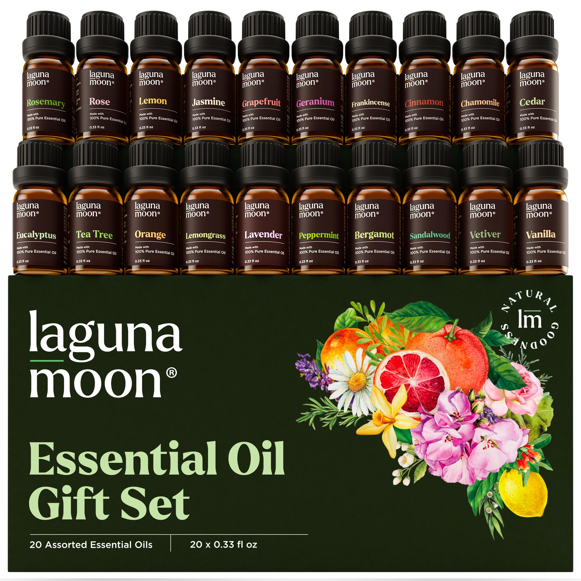 Ensemble Lagunamoon huiles essentielles 20x10ml pour diffusion et usage maison.