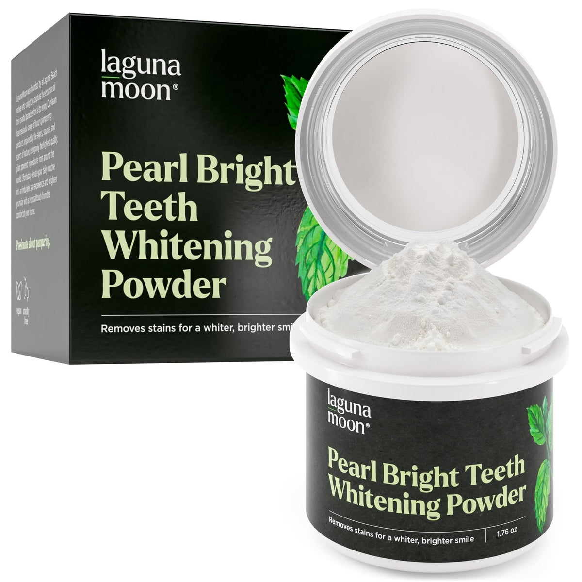 Lagunamoon poudre blanchiment dents menthe pour un sourire plus frais et lumineux.