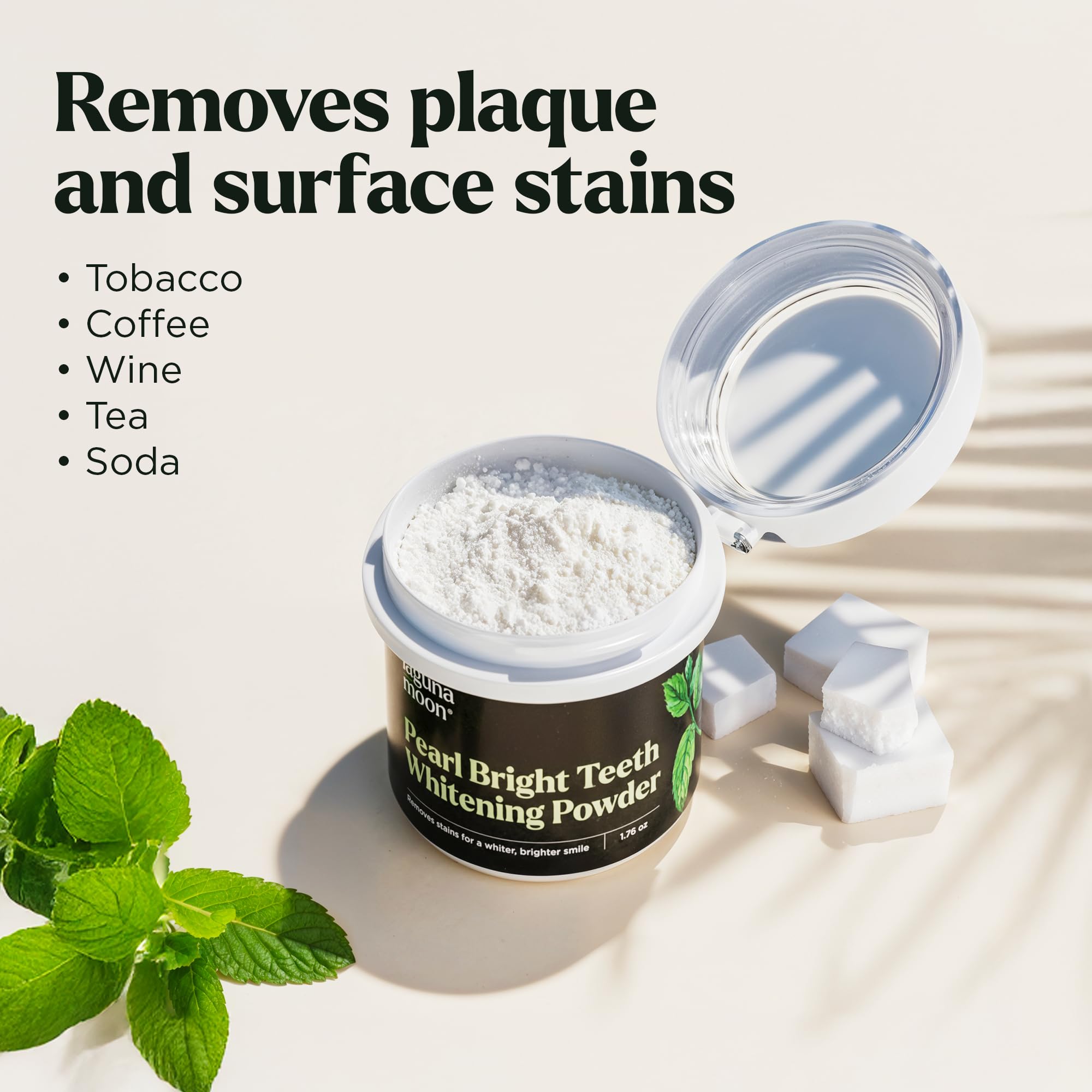 Lagunamoon poudre sans fluorure pour dents sensibles et équilibre buccal.
