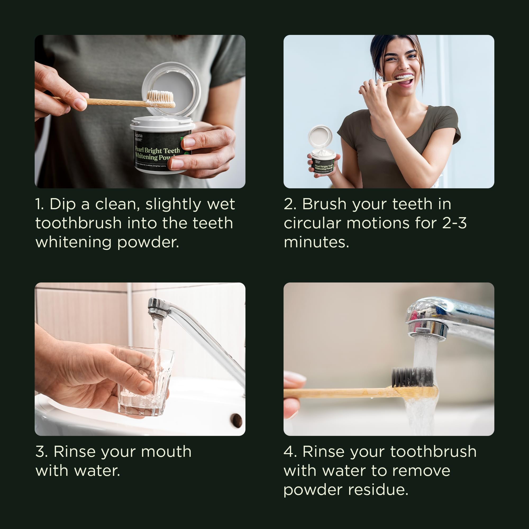 Lagunamoon poudre utilisation quotidienne simple pour le brossage.