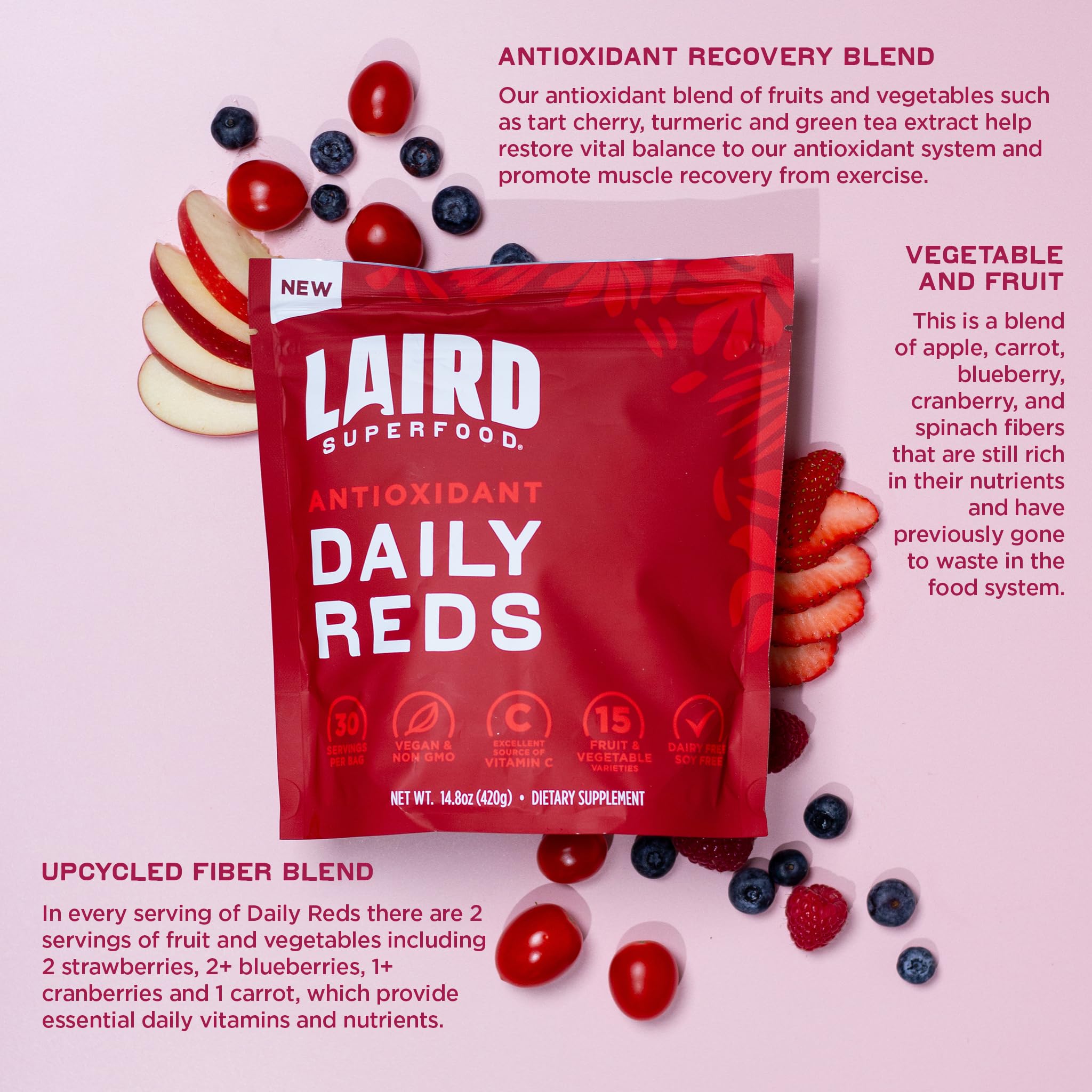 Laird Antioxident Daily Reds cuillère-doseuse montrée, dose précise pour un shake.