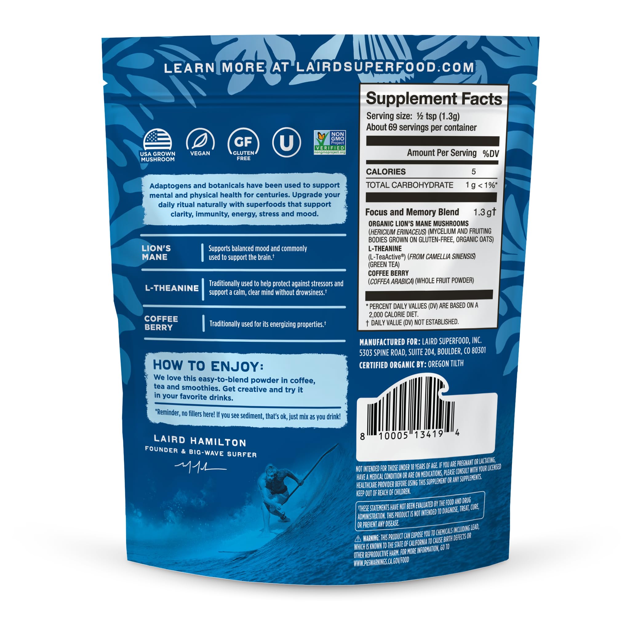 Laird Superfood énergie équilibre L-Theanine – énergie stable sans pics.