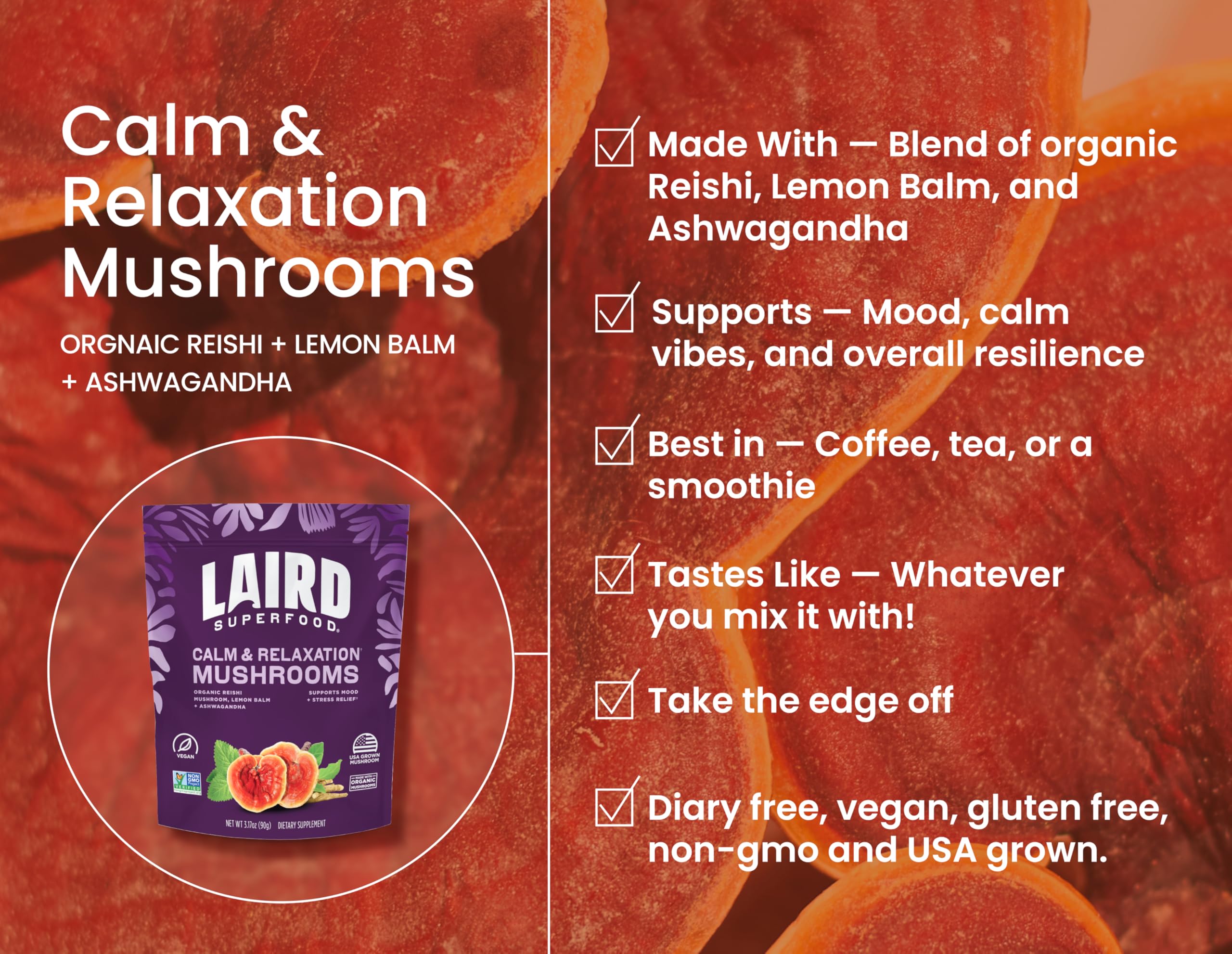 Ingrédients biologiques: reishi, mélisse et ashwagandha pour routine bien-être.