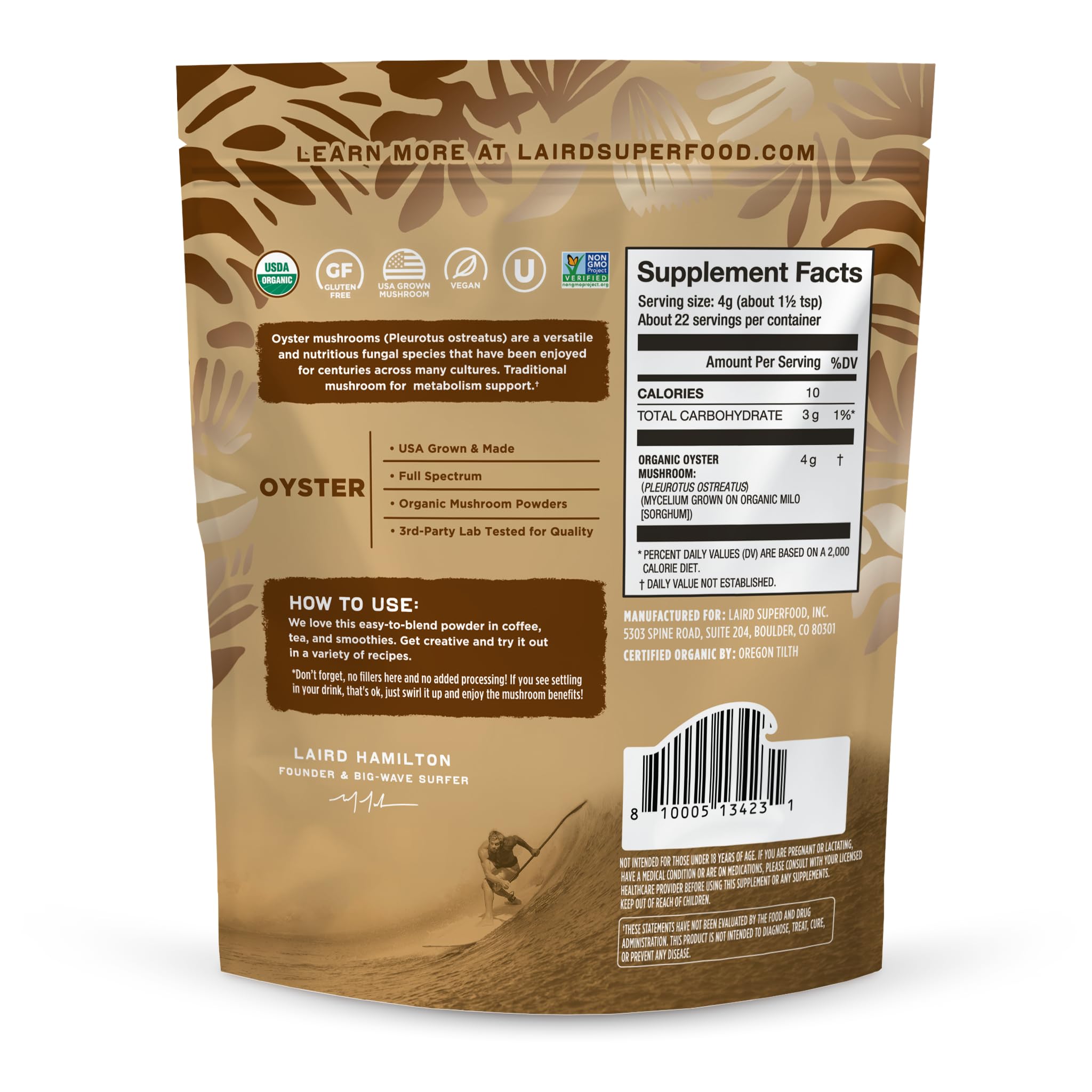 Poudre champignon ostre Laird Superfood, mélange facile pour smoothies et cafés.