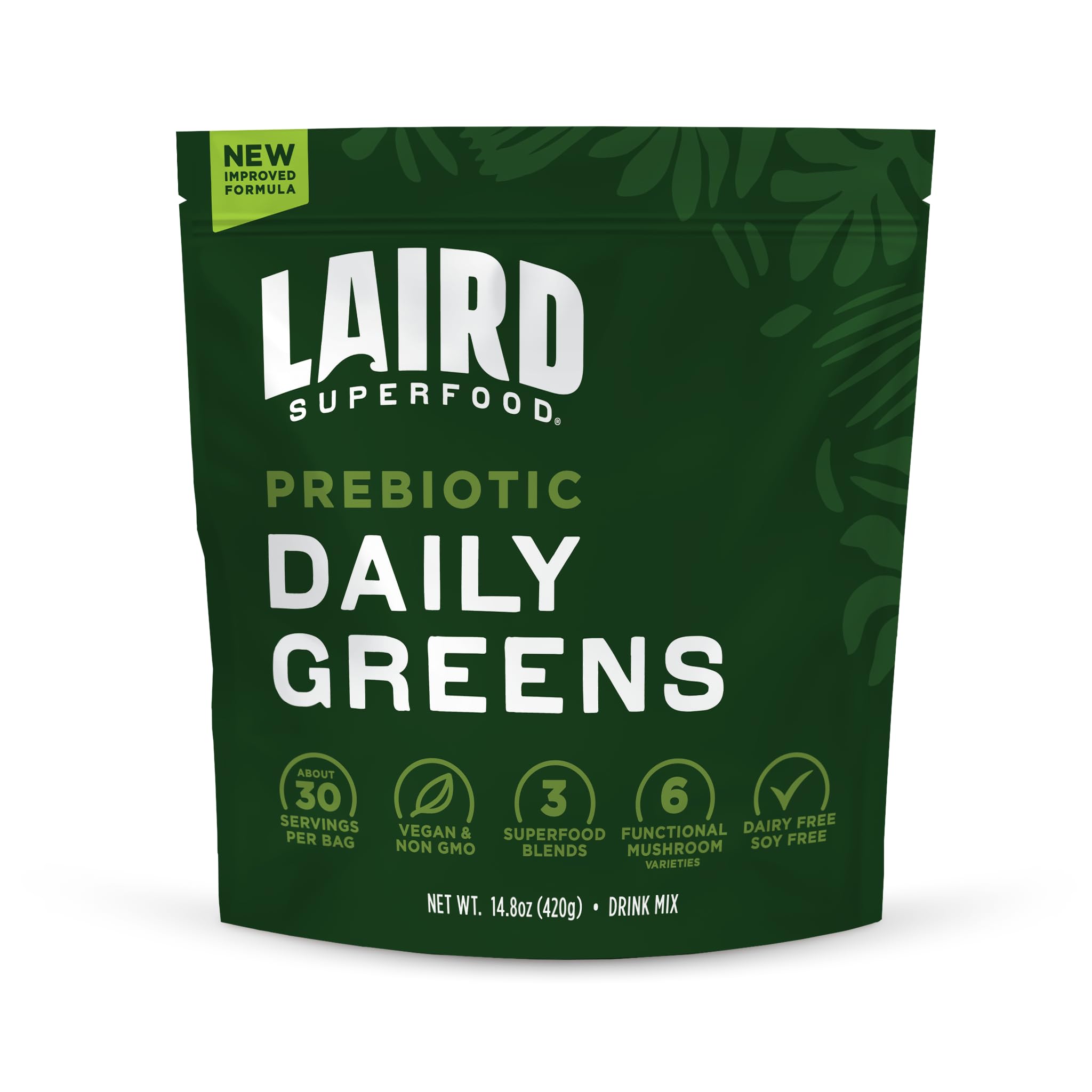 Poudre Laird Superfood Daily Greens dans sa boîte, prêt pour un apport nutritionnel pratique.