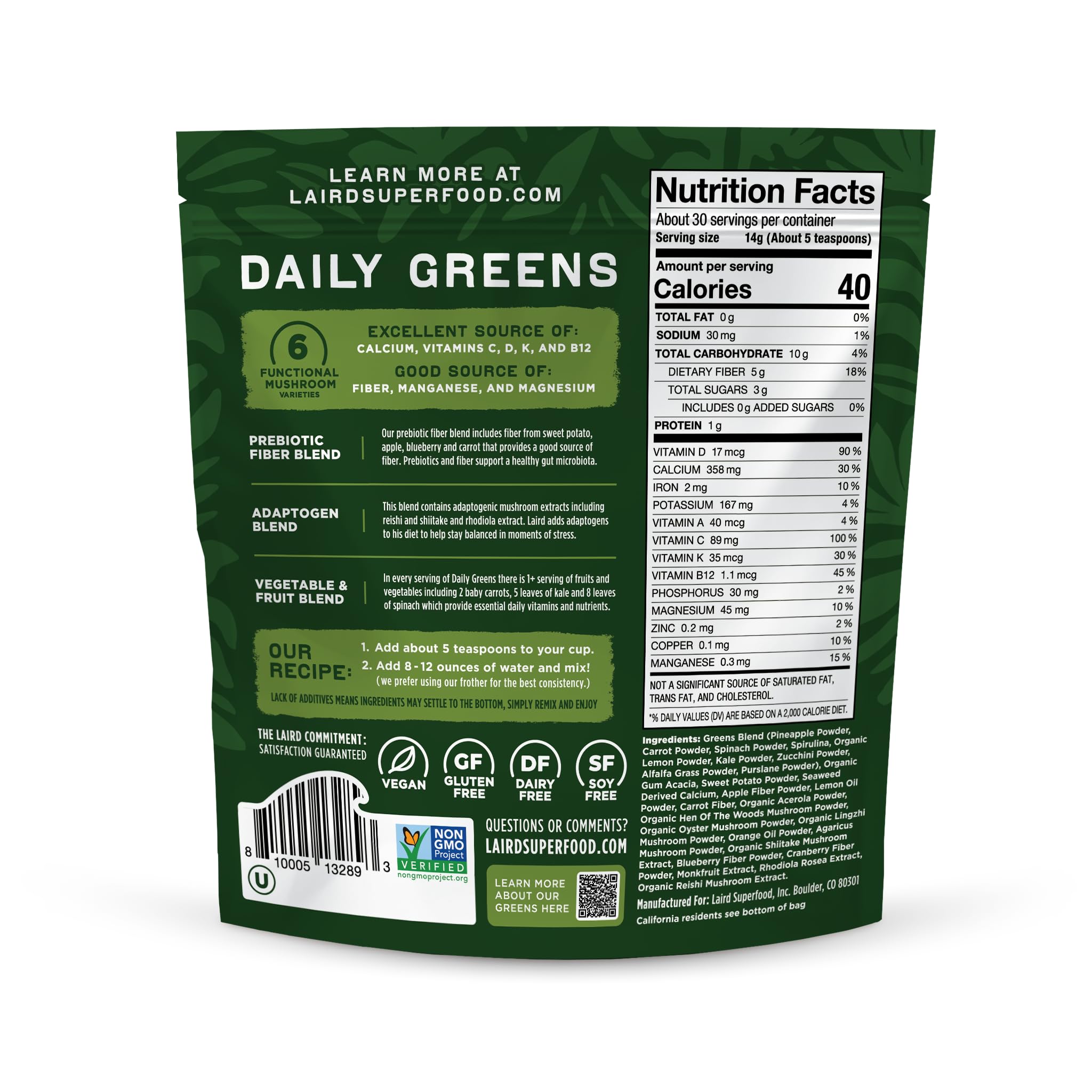 Cuillère-doseuse Laird Superfood Daily Greens, facilité de mesure précise pour chaque préparation.
