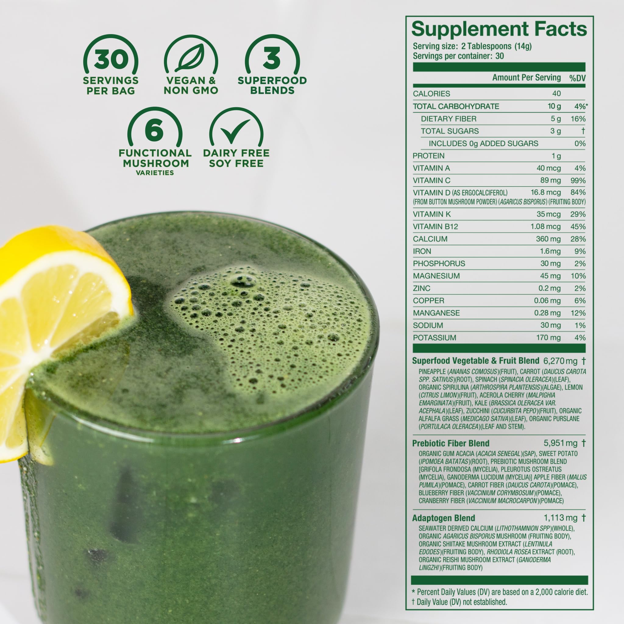 Mélange prébiotiques et fibres dans Daily Greens, démontrant la texture adaptée au shake.