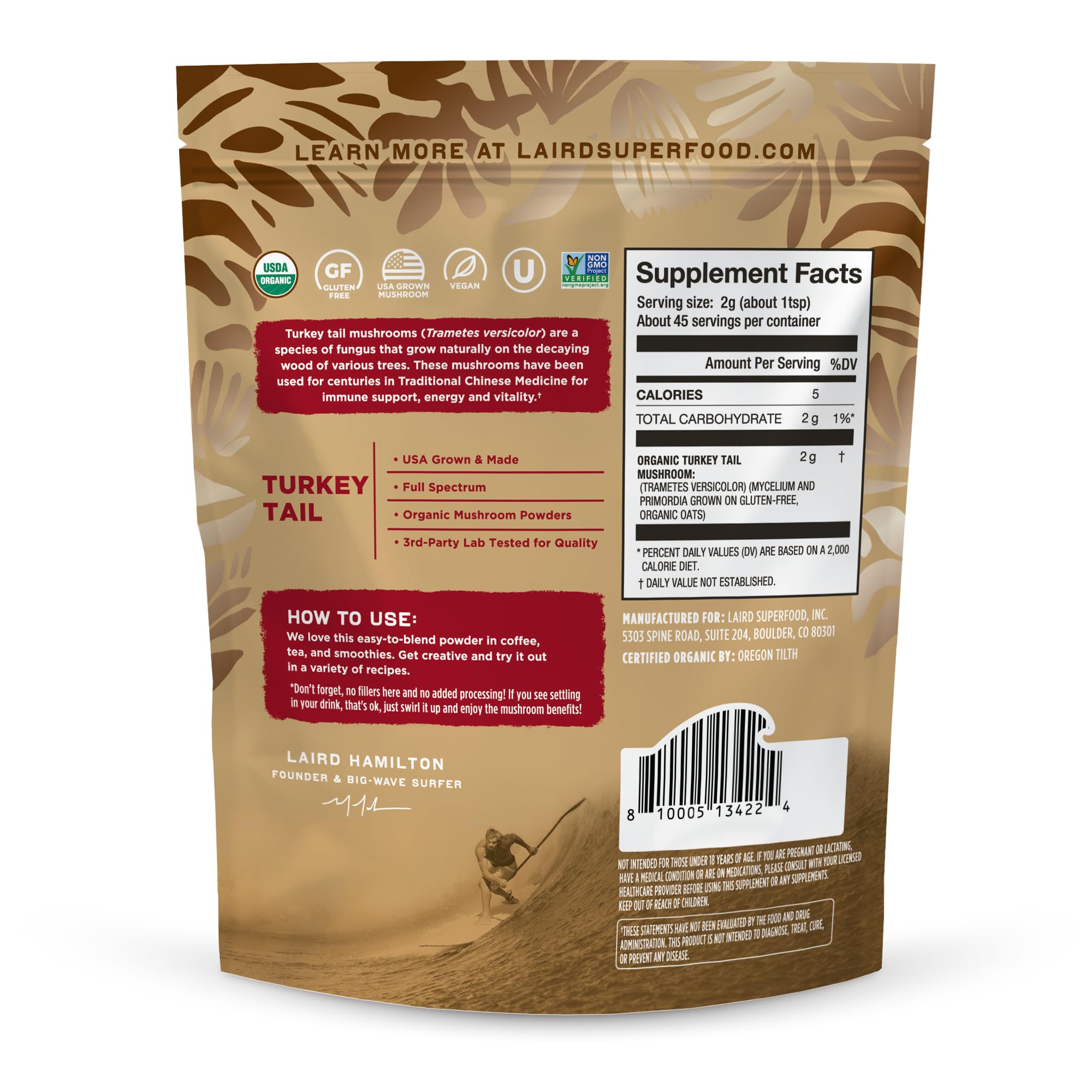 Laird Superfood Poudre Tramete Versicolore – antioxydants soutenant la vitalité et le bien-être.