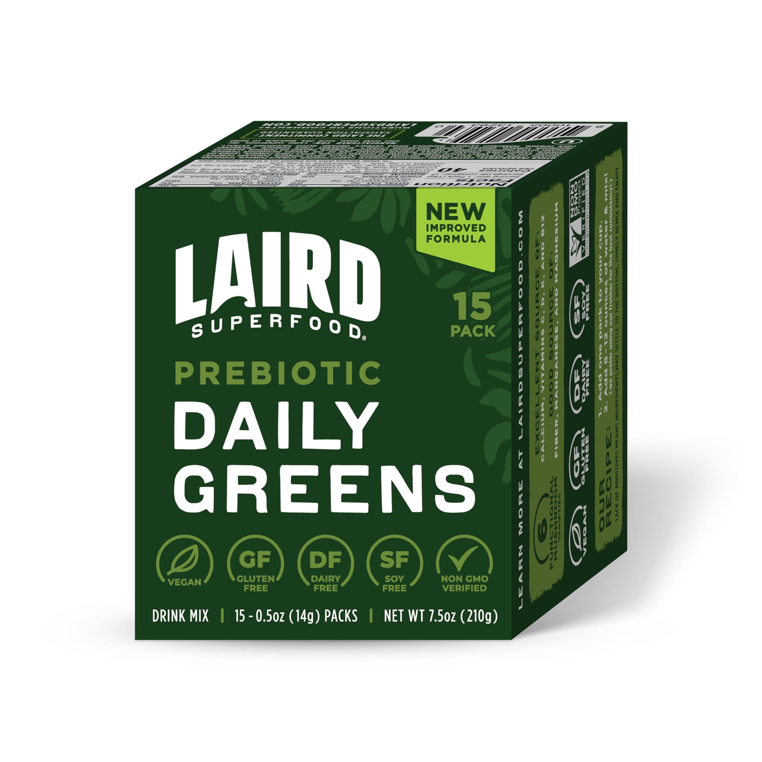 Bouteille Laird Superfood Prébiotiques Daily Greens sur plan de travail, prêt à l’emploi
